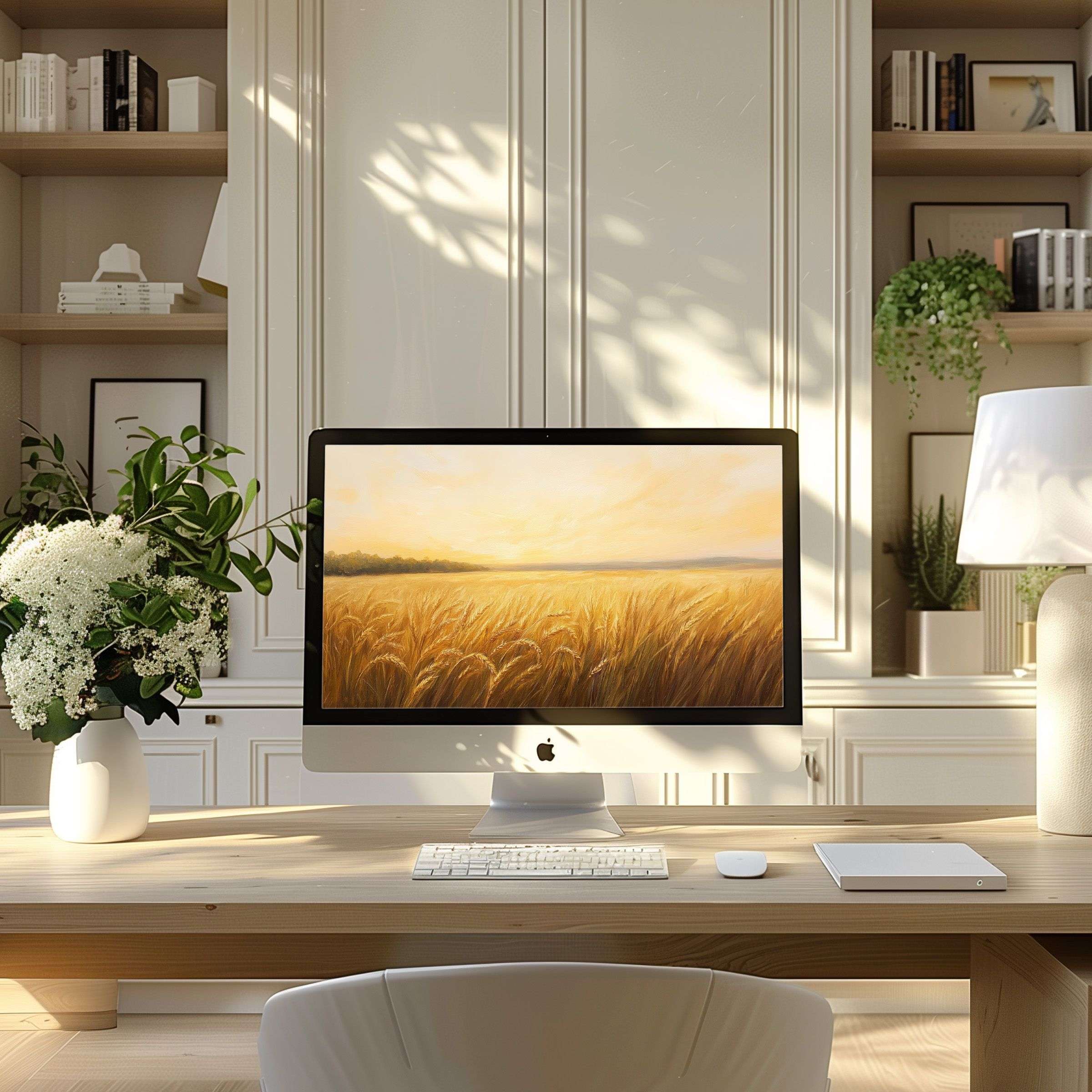 Inspiring wheat field wallpaper for computer, PC, laptop; elegant home office art fostering calm through digital download versatility