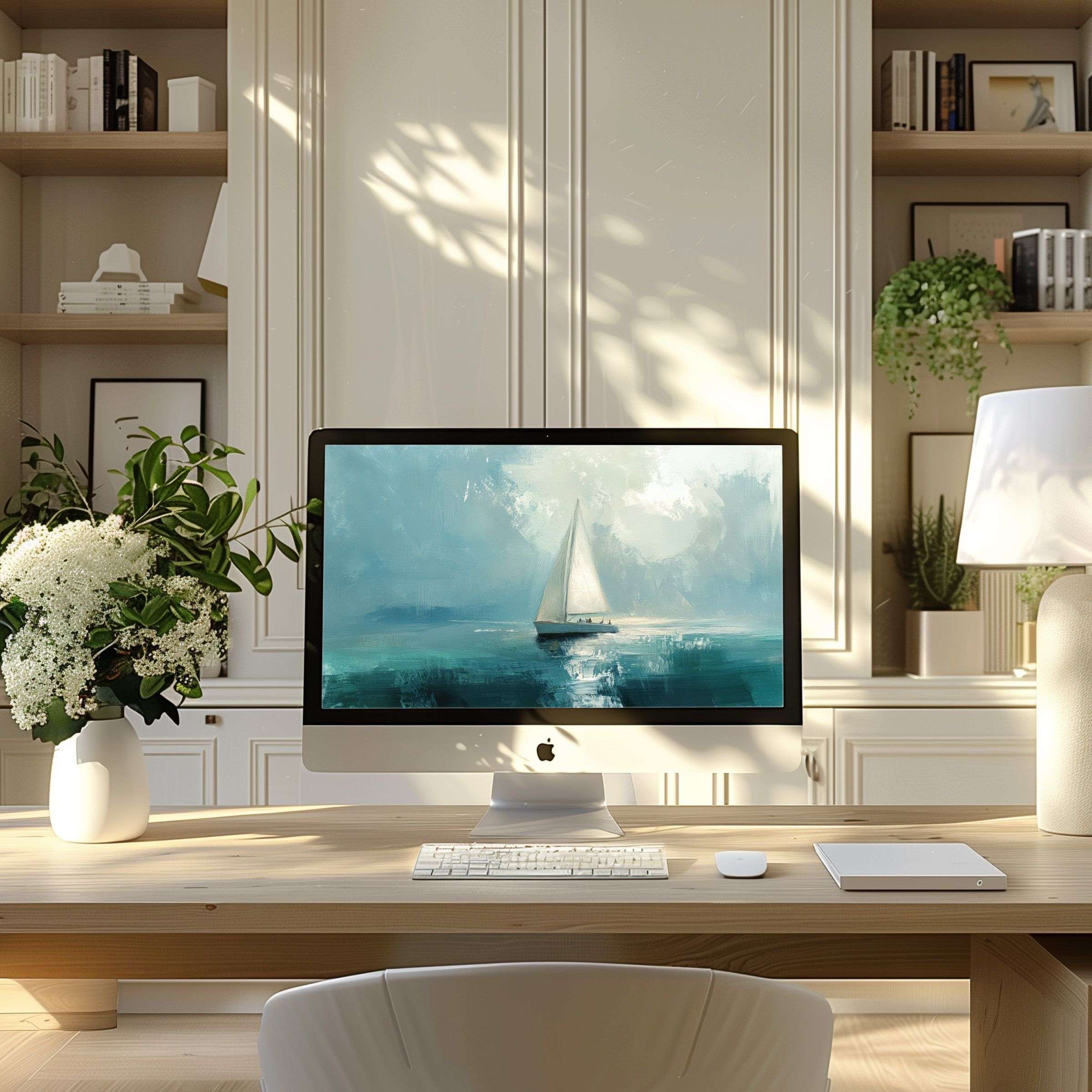 Elegant blue ocean art as wallpaper for computer, perfect for PC and laptop in modern home office, inspiring calm and focus