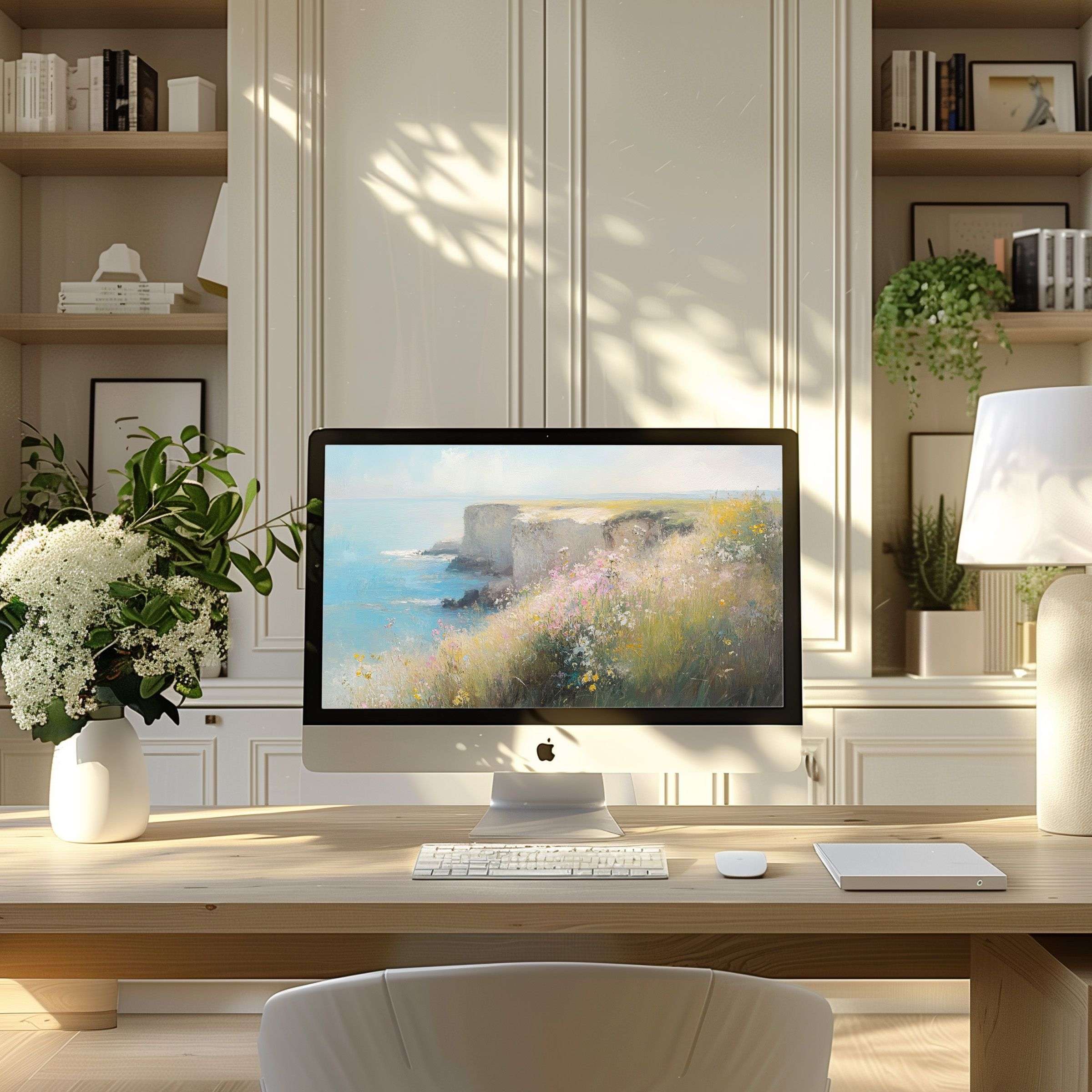 Elegant coastal landscape wallpaper for computer brings calm and inspiration to modern home office setup for PC and laptop users