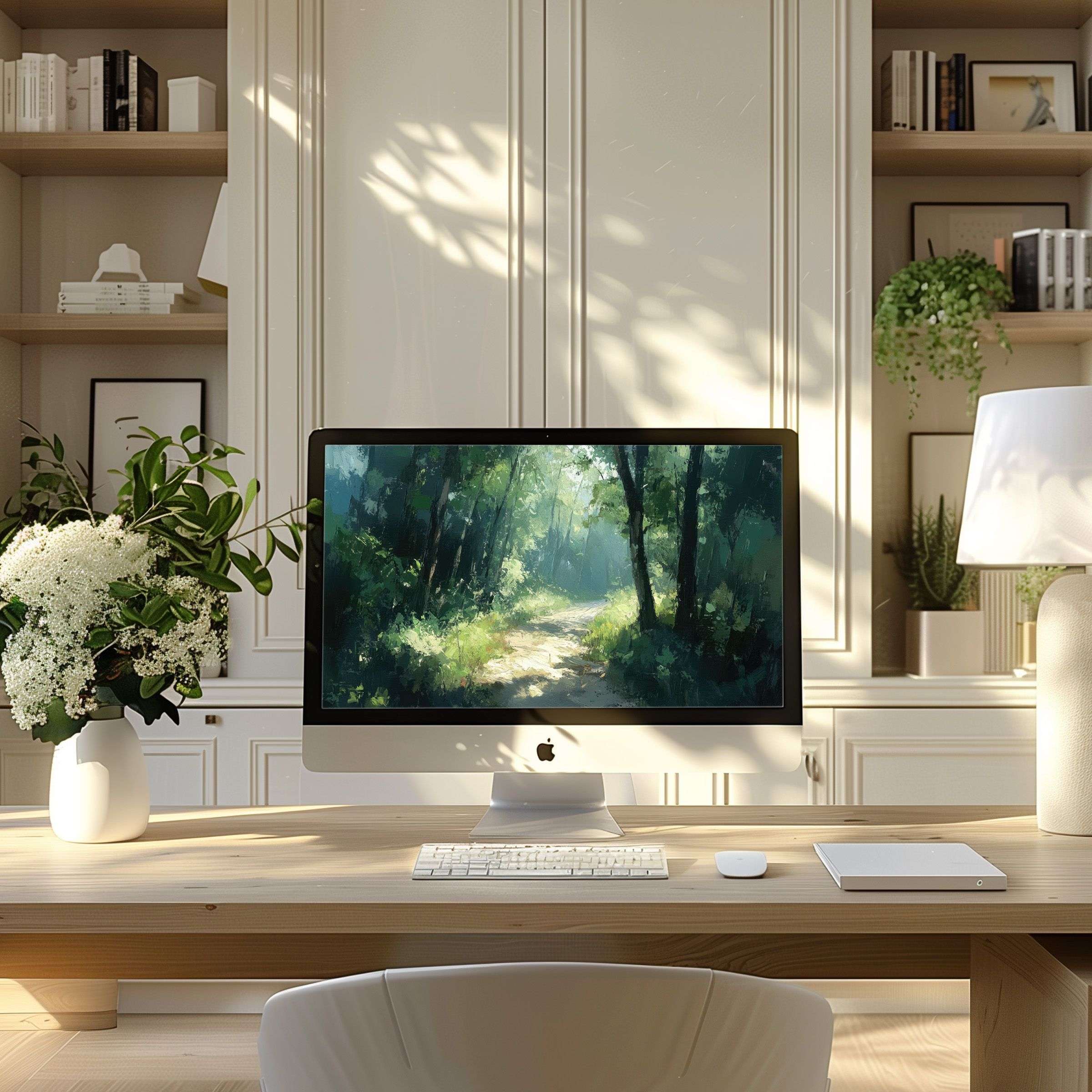 Elegant forest path wallpaper for computer, perfect for PC or laptop, adds calm and inspiration to a modern home office ambiance