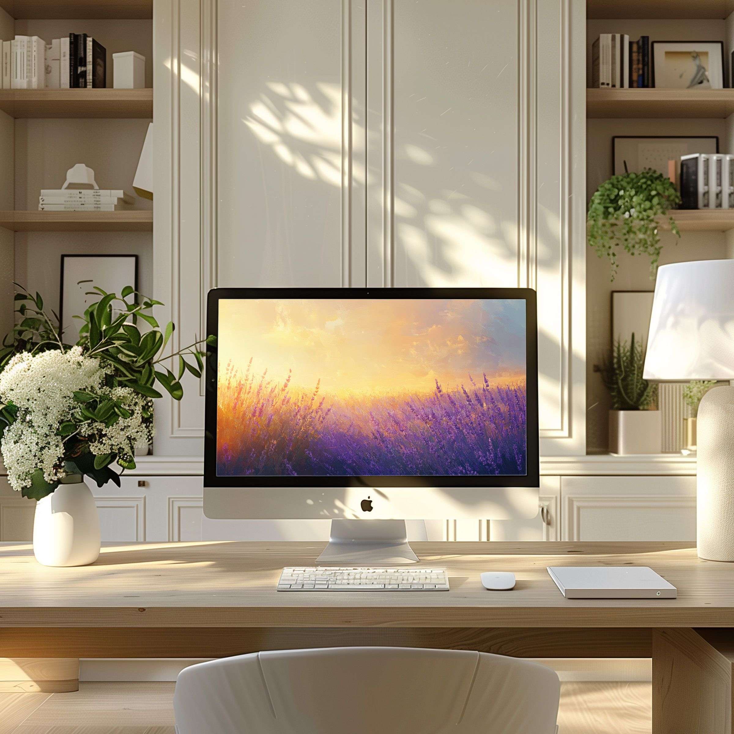 Lavender field wallpaper for computer on elegant PC and laptop in a serene home office inspires calm and visual elegance