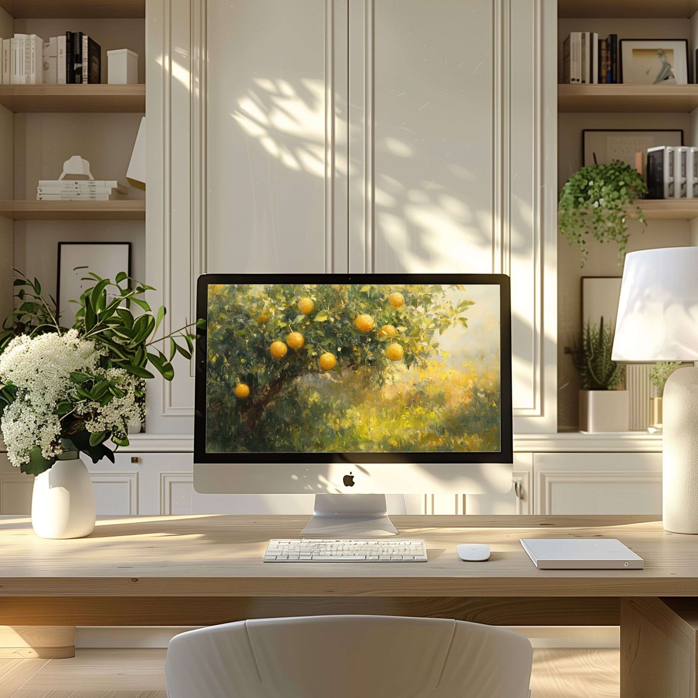 Elegant orange tree artwork as wallpaper for computer enhancing your modern home office on PC or laptop digital download