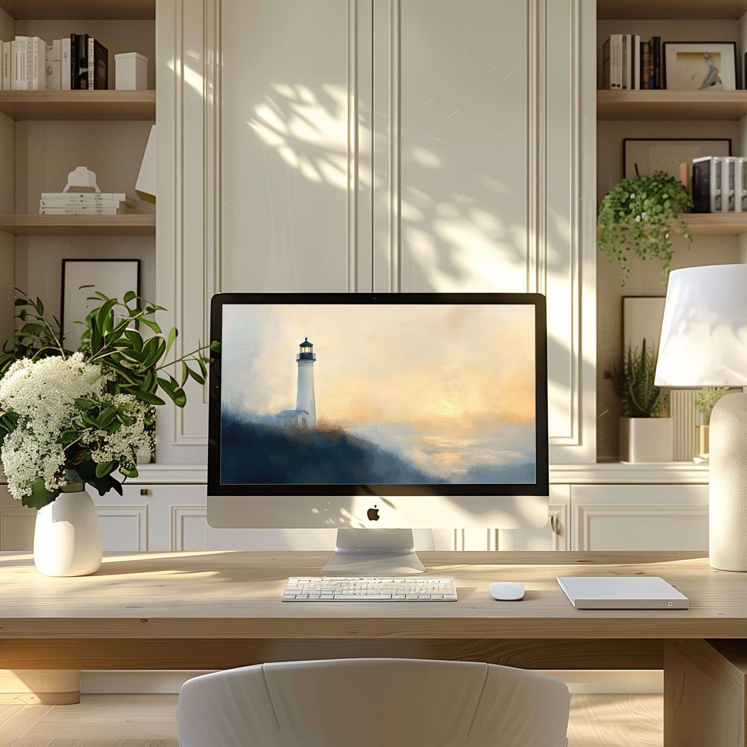 Lighthouse artwork offers calm elegance as wallpaper for computer, PC, or laptop in a modern home office for download