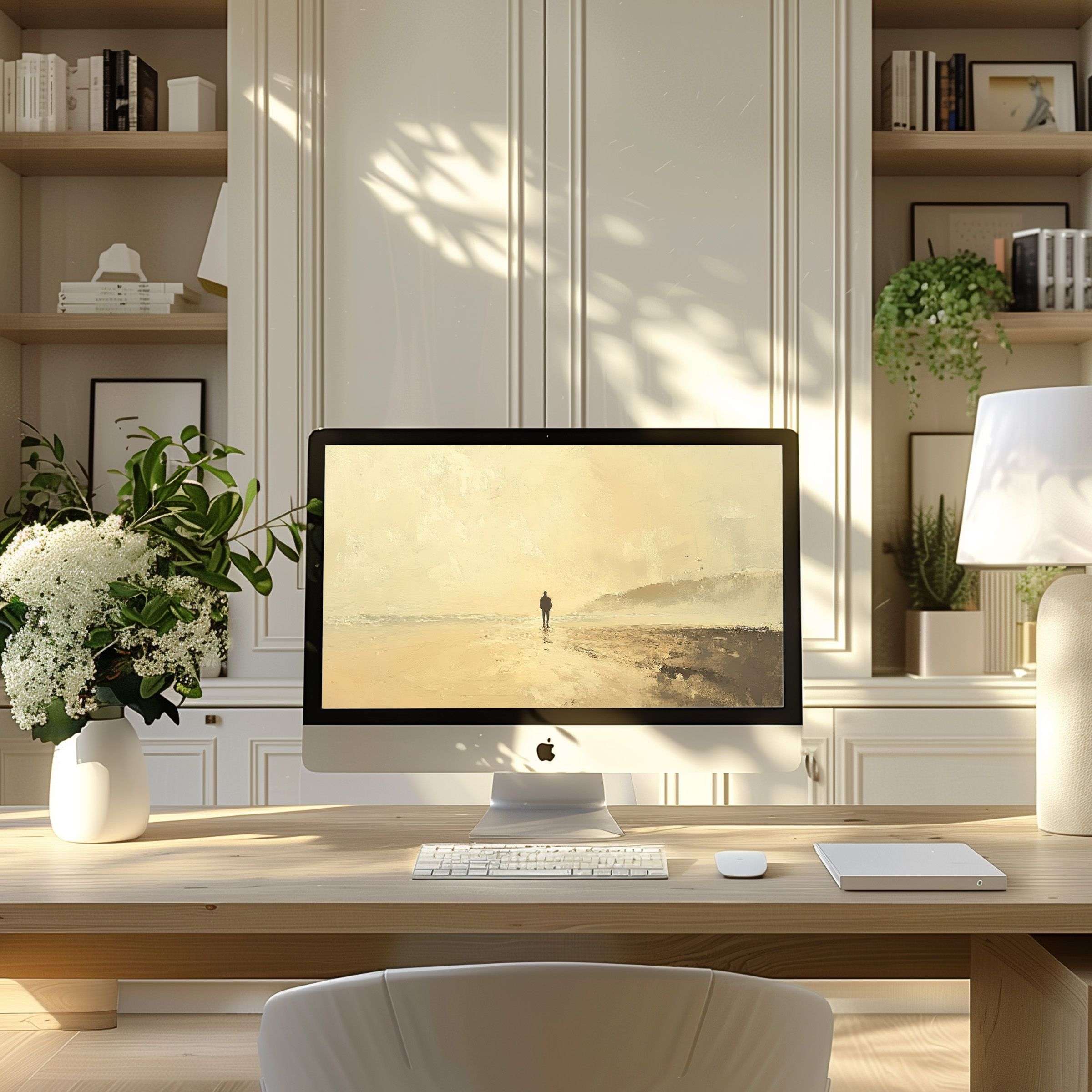 Calming beach scene wallpaper for computer enhances elegance in a modern home office setup designed for PC and laptop use