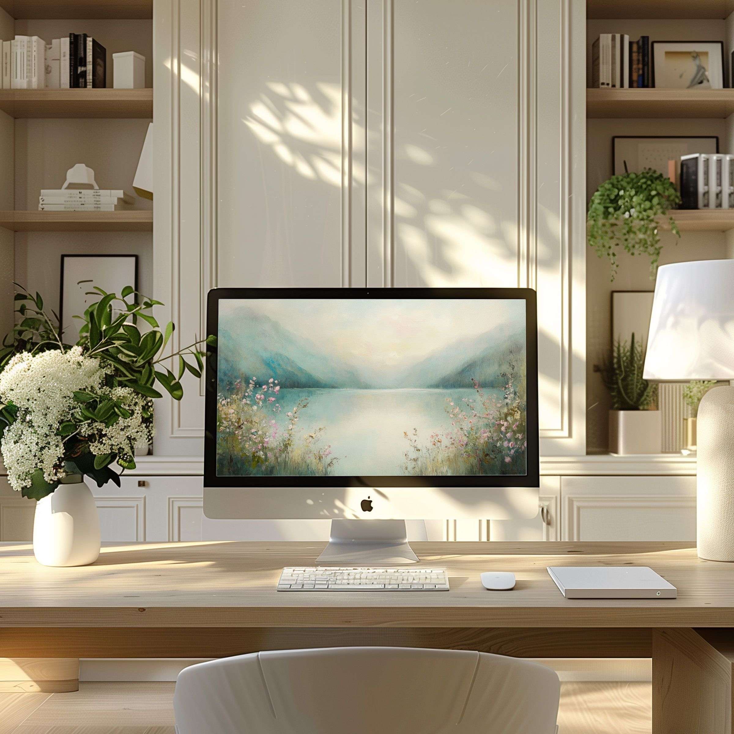 Elegant pastel landscape wallpaper for computer inspires calm elegance in a modern office setting perfect for PC or Laptop use
