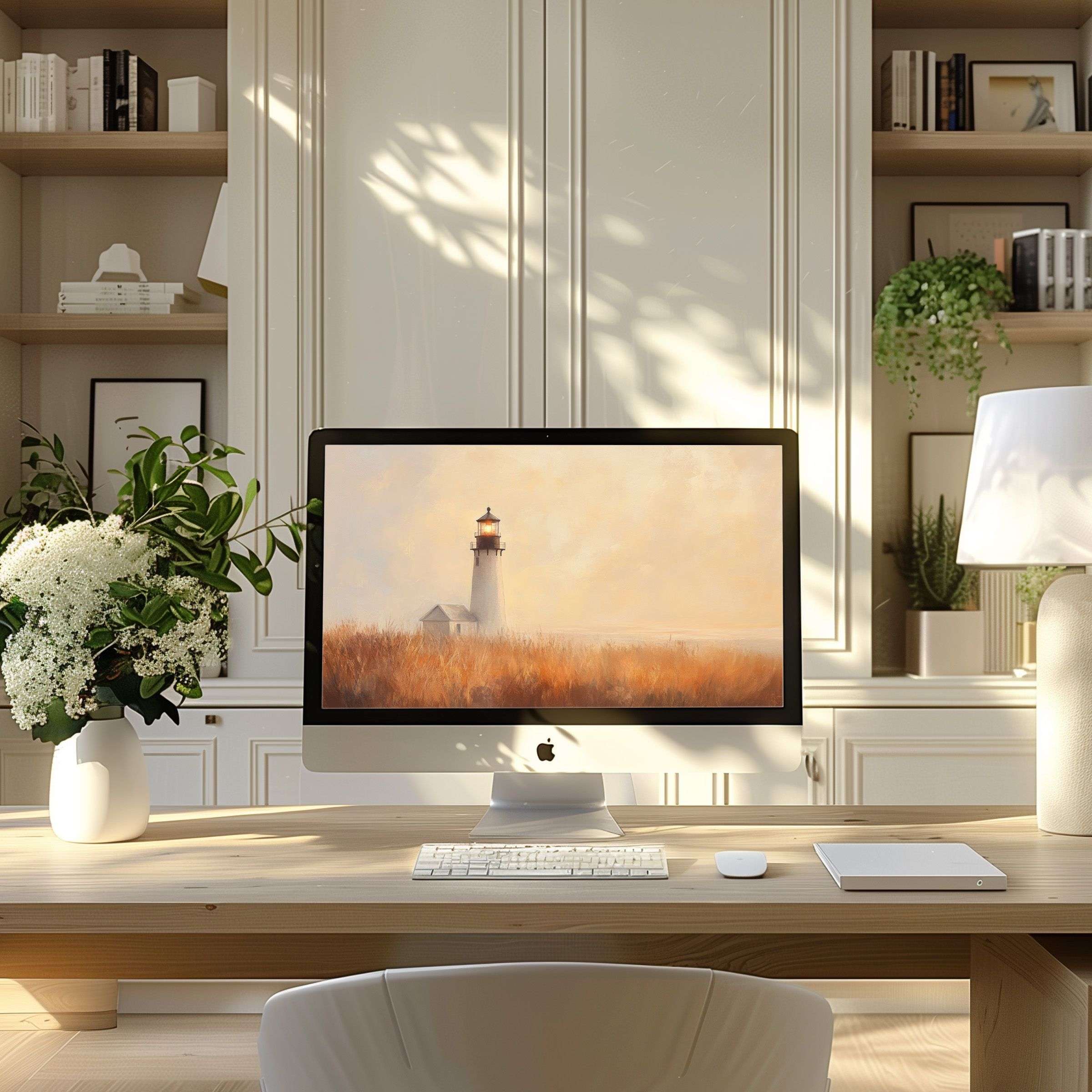 Elegant lighthouse digital art wallpaper for computer adds calm inspiration to modern home office, perfect for PC and Laptop use