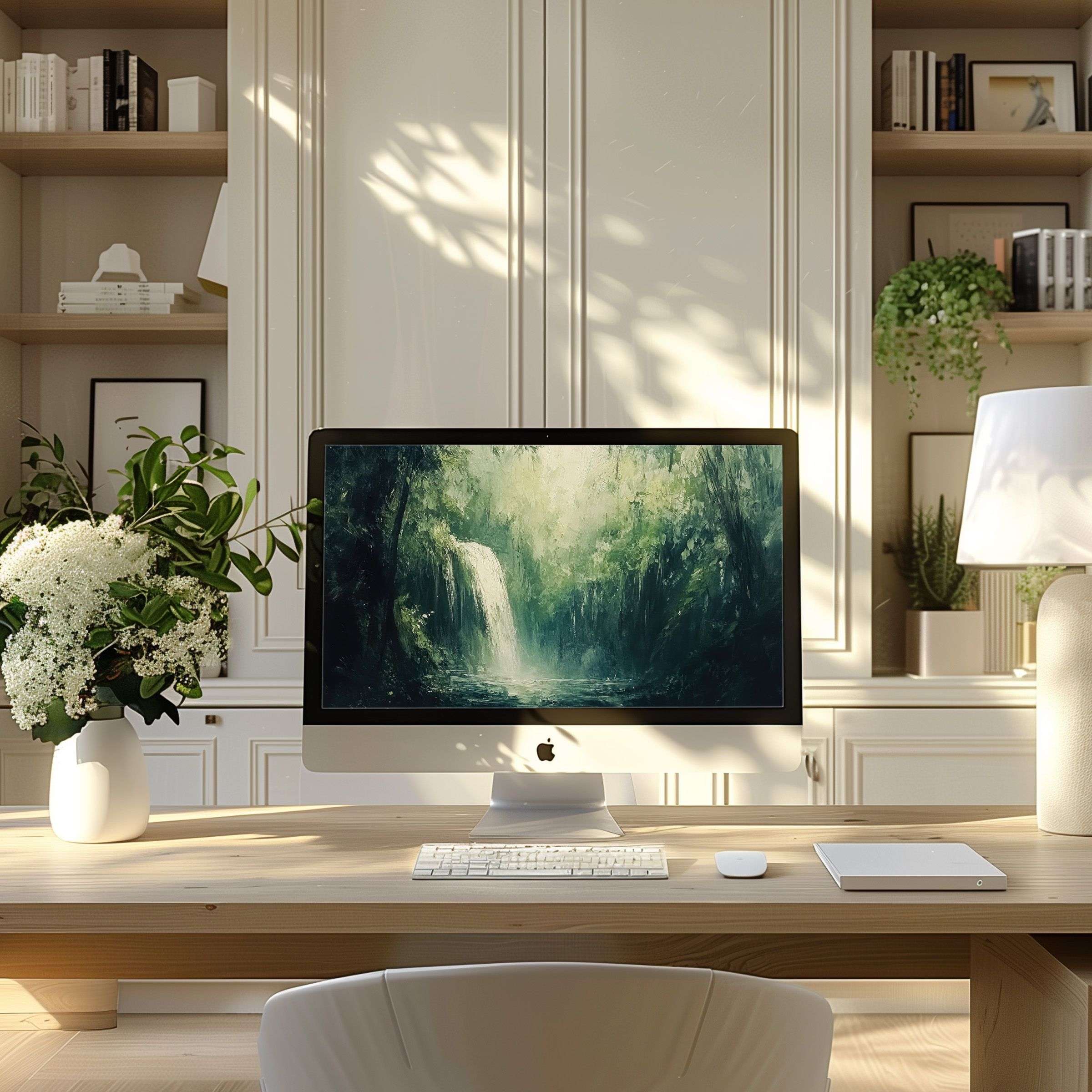 Elegant waterfall wallpaper for computer, PC, and laptop enhances modern home office decor with calming, serene inspiration and digital download options
