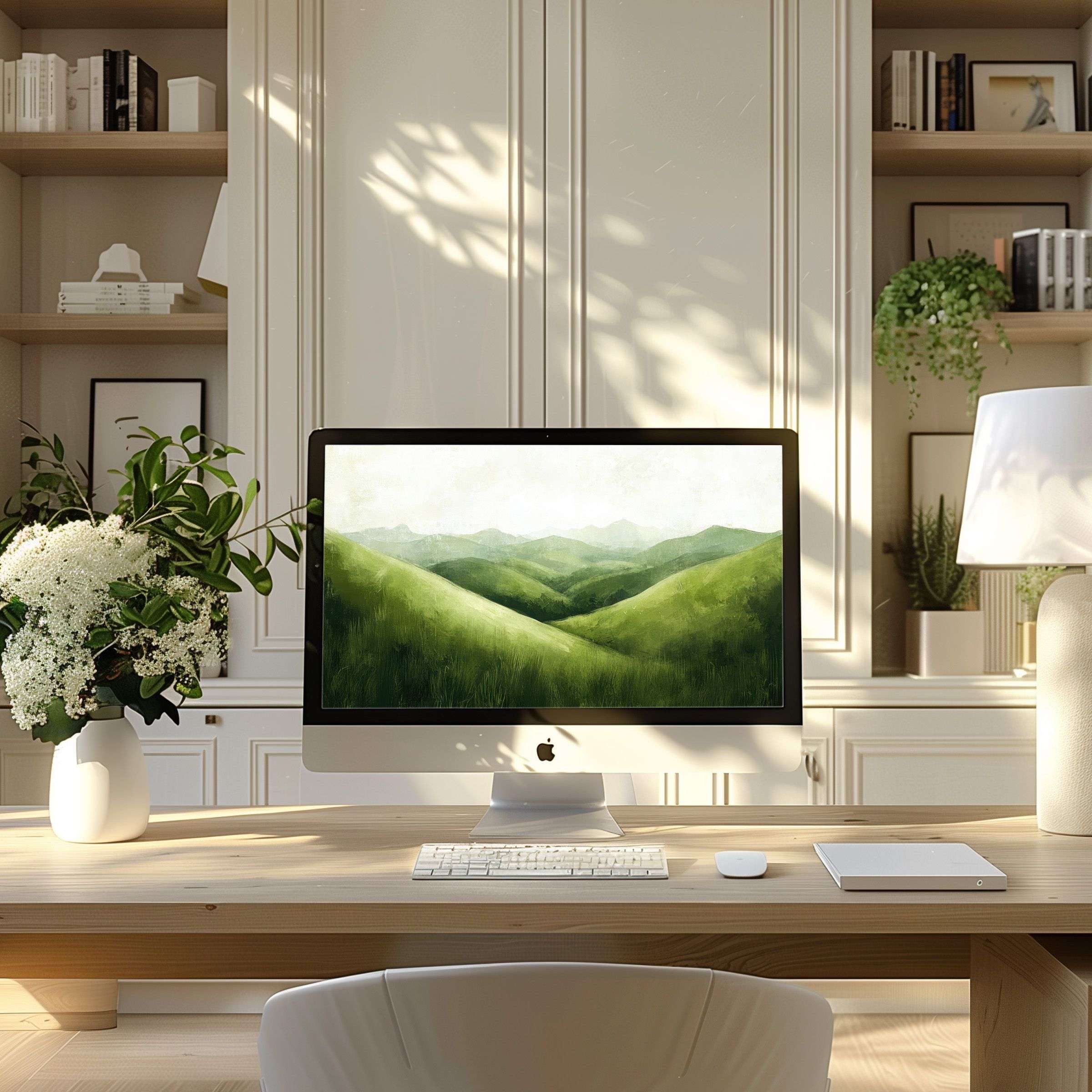 Lush green landscape wallpaper for computer that inspires elegance and calm in a modern home office perfect for PC or Laptop use