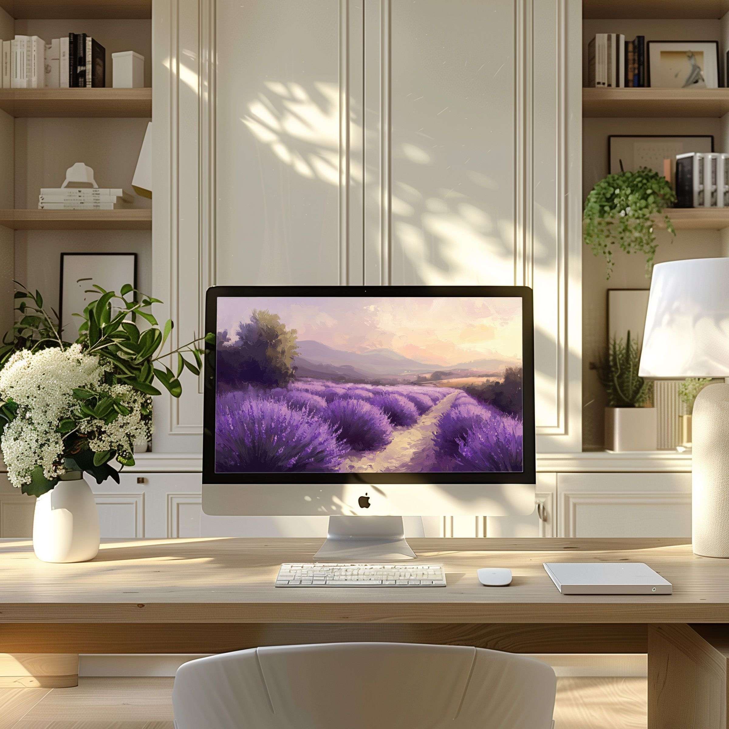 Lavender field digital art wallpaper for computer, PC or laptop; perfect for a serene modern home office, digital download