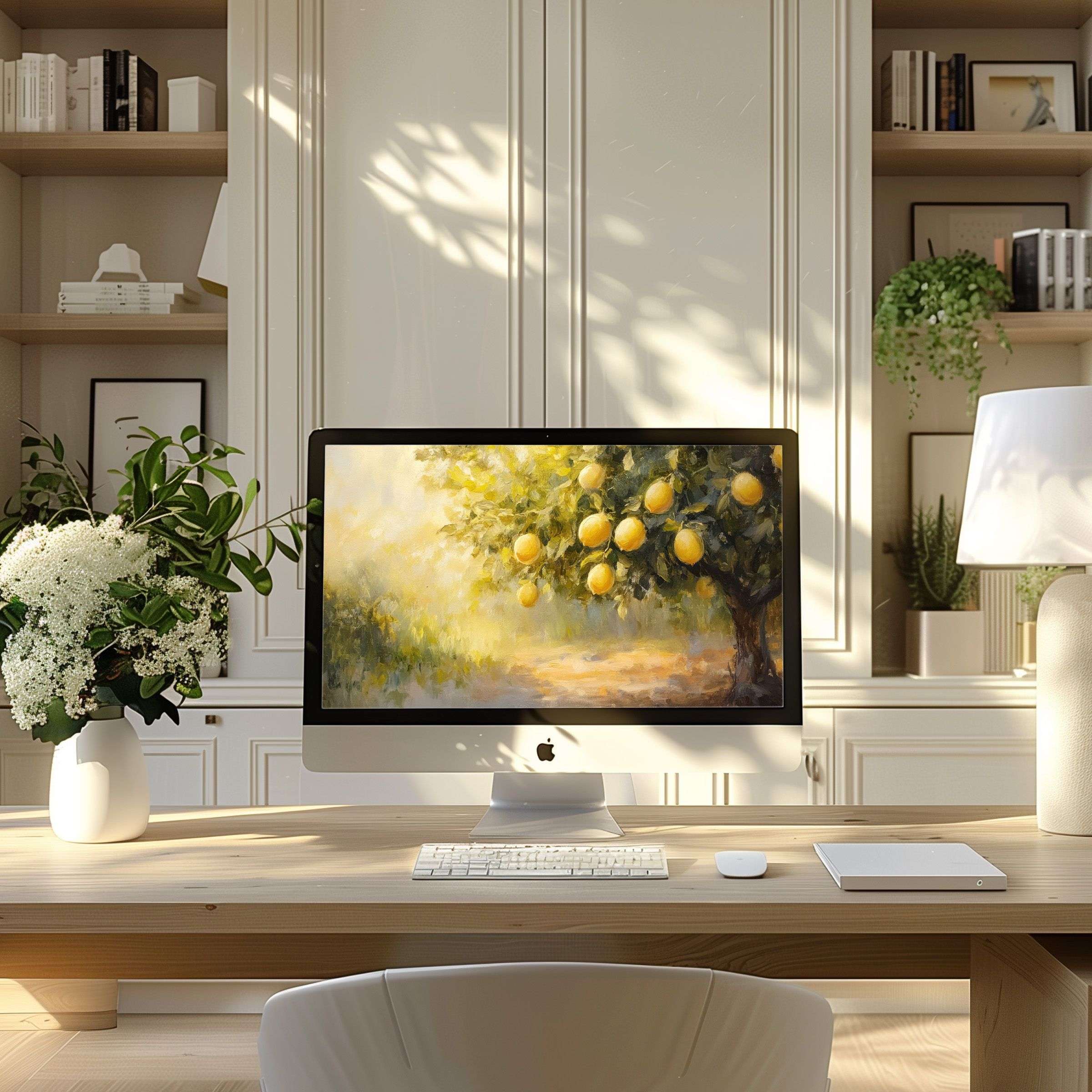 Bright citrus tree painting as wallpaper for computer in a modern home office offering PC and Laptop inspiration and calm vibes