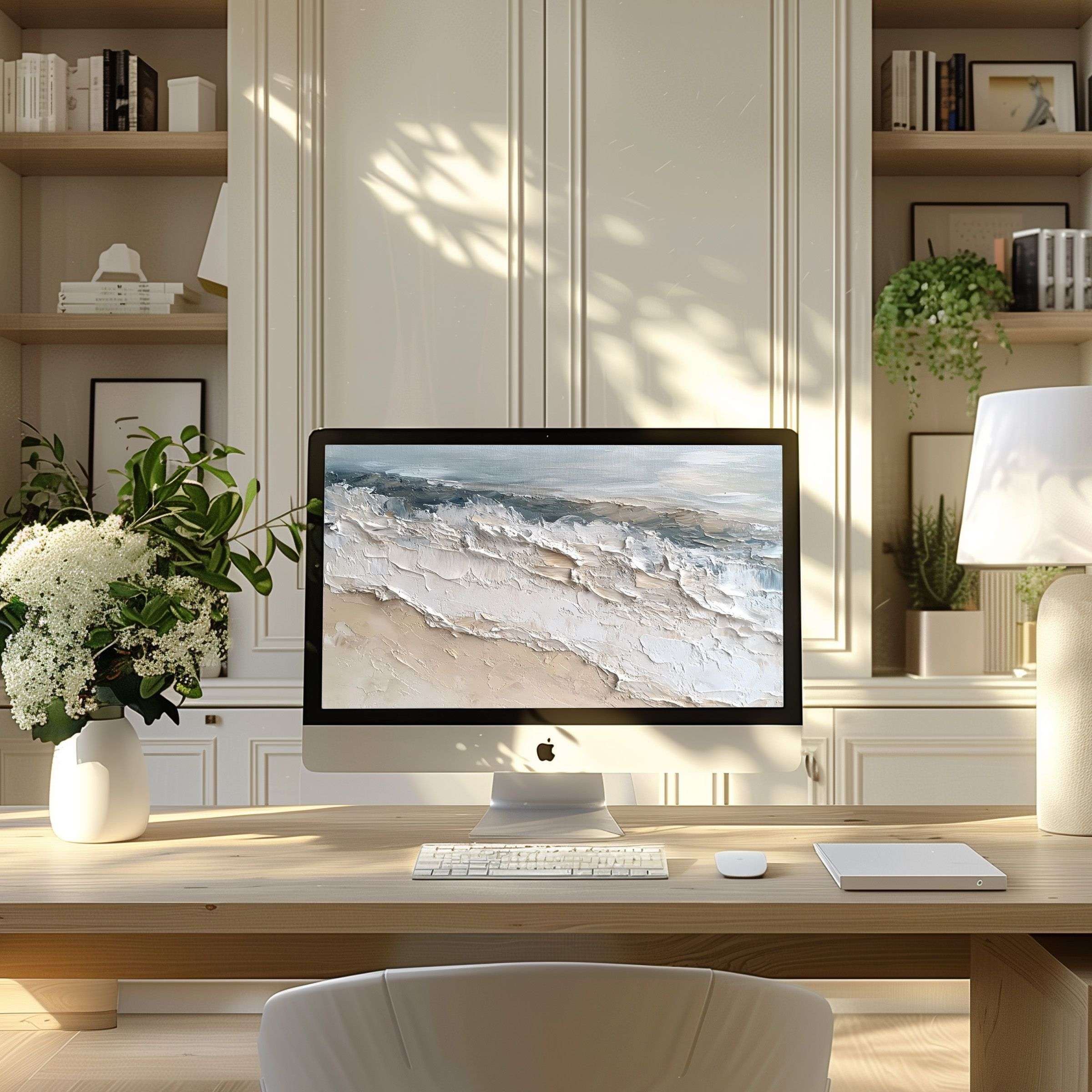 Inspire calm with a serene seascape wallpaper for computer fitting any PC or laptop in a modern home office setting