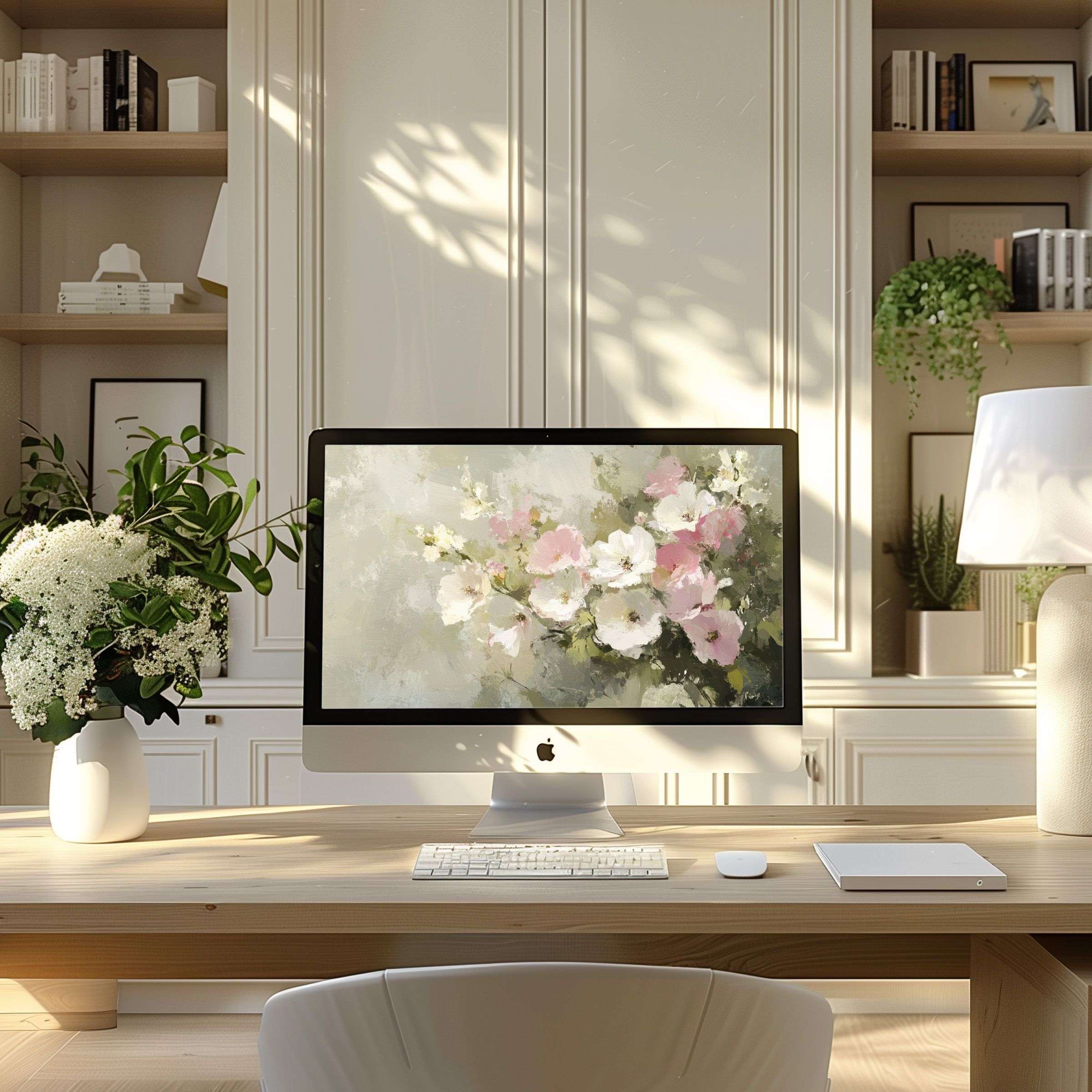 Elegant floral digital art adds a calming touch to any modern home office, ideal wallpaper for computer, PC, laptop download