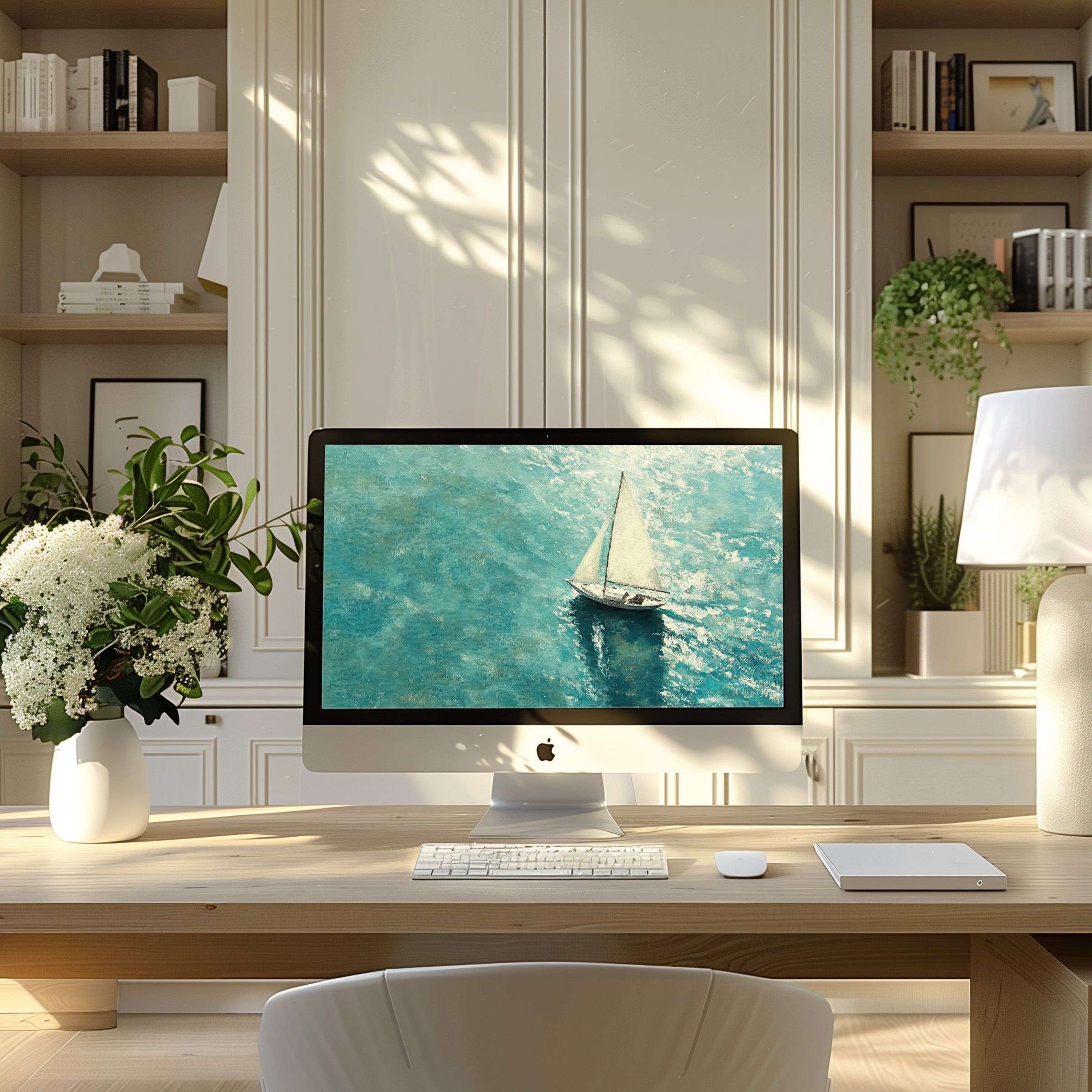 Inspiring sailboat art wallpaper for computer enhances calm elegance in a modern home office ideal for PC or laptop screens