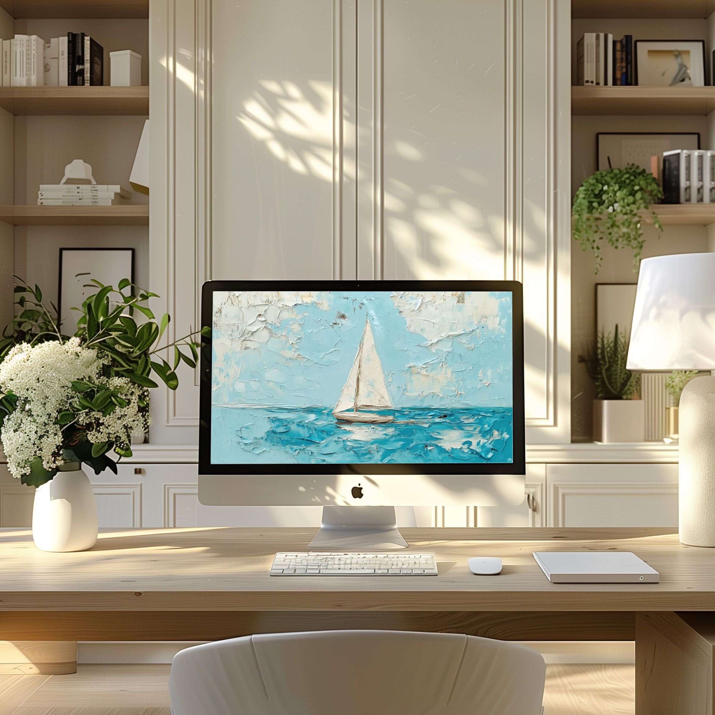 Elegant sailboat art wallpaper for computer inspires calm in modern home office setting, ideal for PC and laptop screens