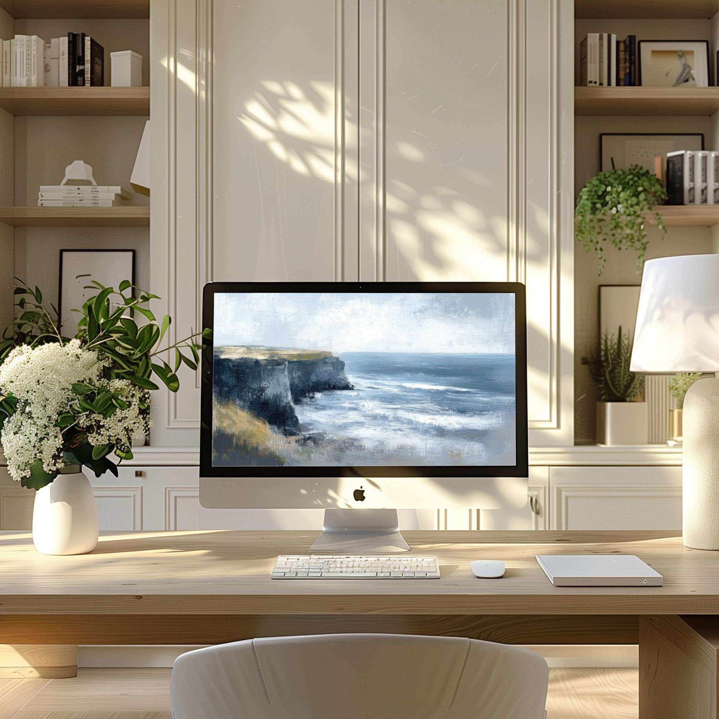 Inspire calm and elegance with this serene seascape wallpaper for computer, perfect for PC or laptop in modern home office