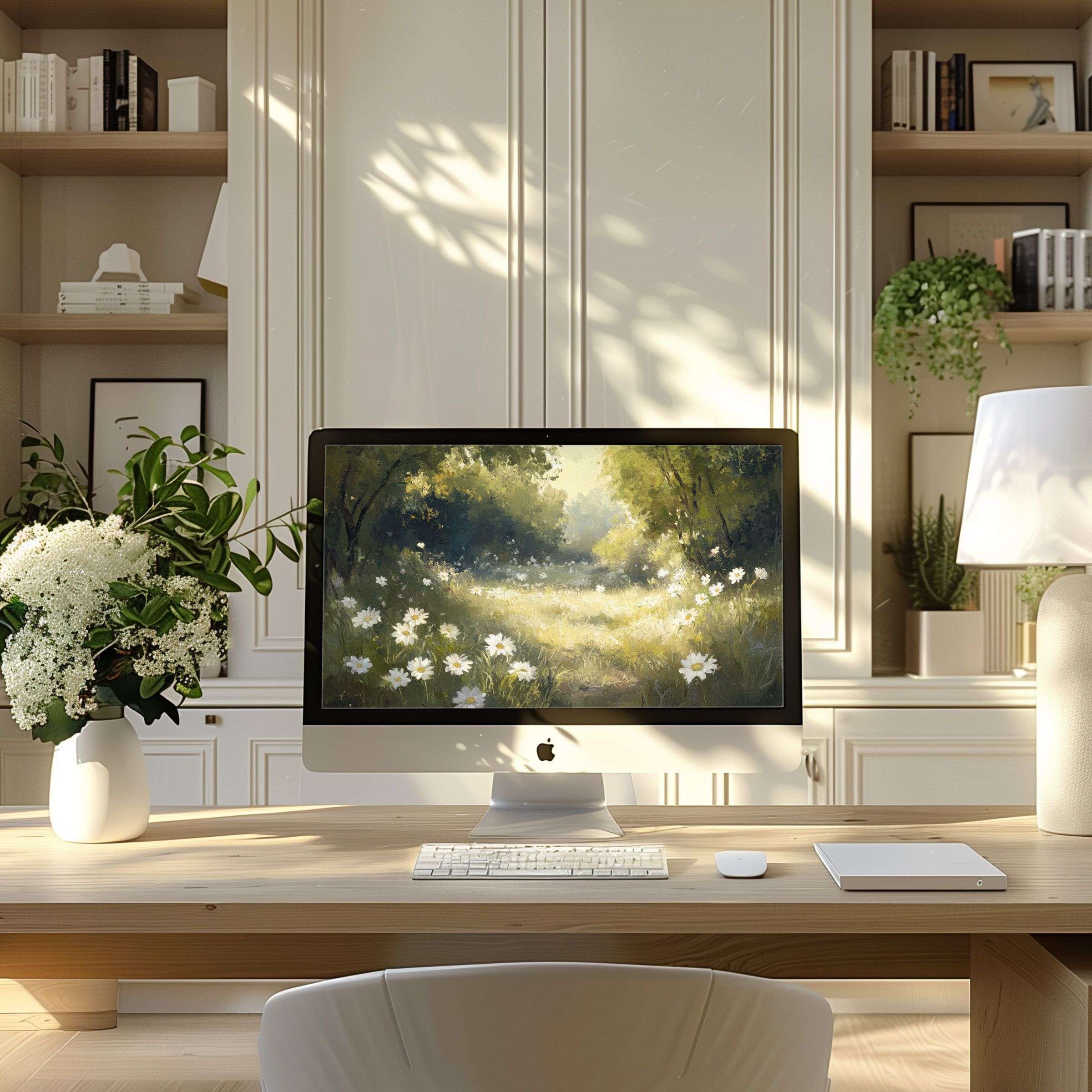 Elegant digital art wallpaper for computer featuring serene meadow, ideal for desktop PC or laptop to inspire calm and elegance