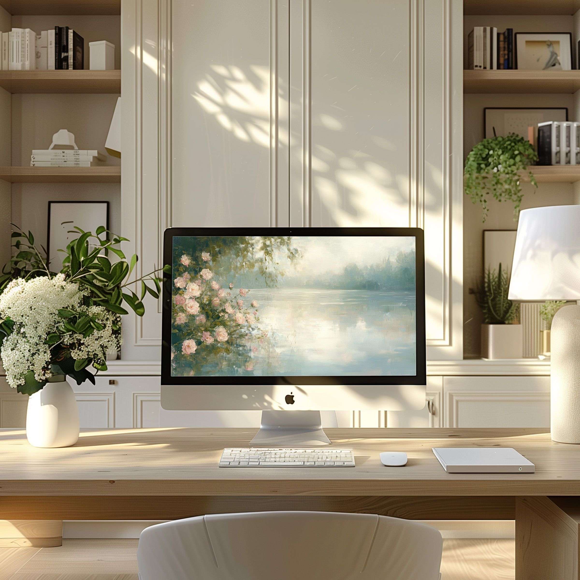 Calming landscape wallpaper for computer, perfect for PC and laptop, enhances a modern home office with elegance and inspiration