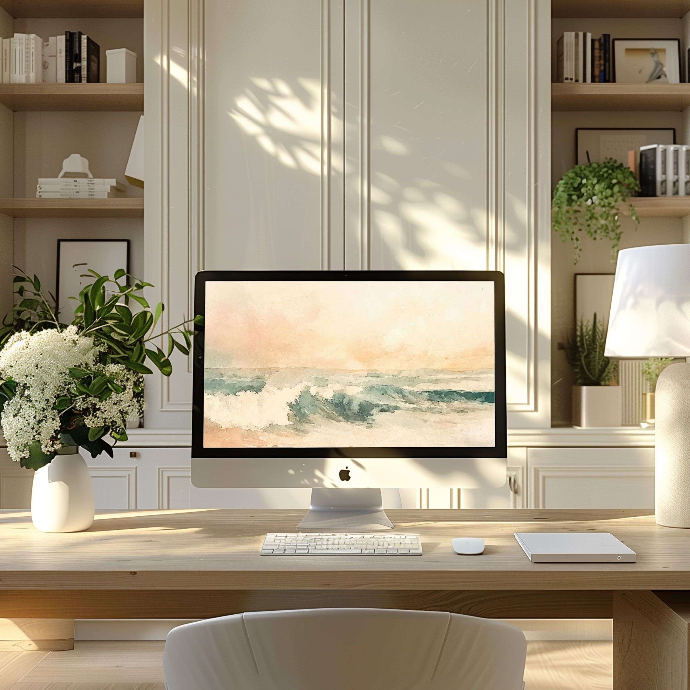 Elegant ocean-themed wallpaper for computer elevates modern home office decor inspiring calm for your PC or Laptop digital download