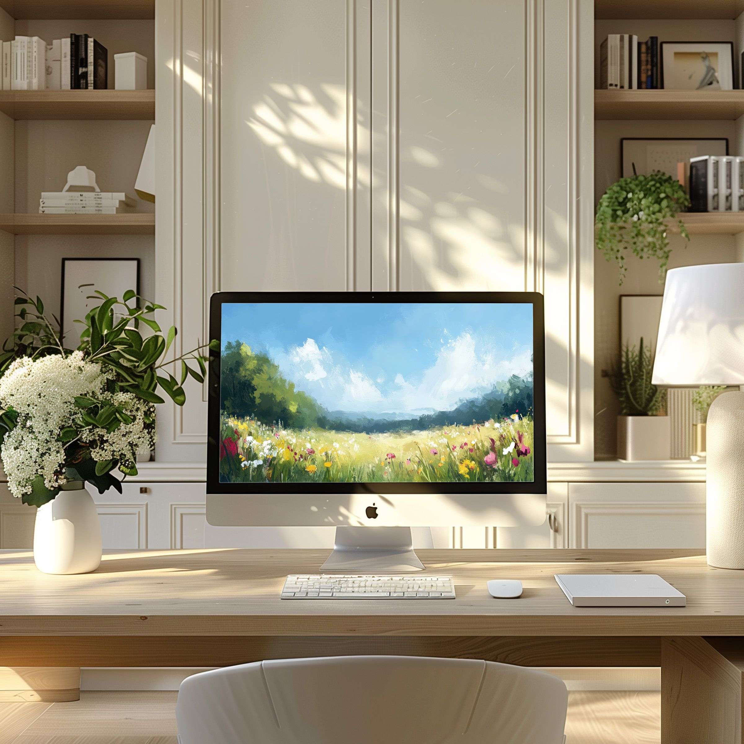 Elegant Wallpaper for computer with serene landscape painting, enhancing modern home office on PC or Laptop, digital download