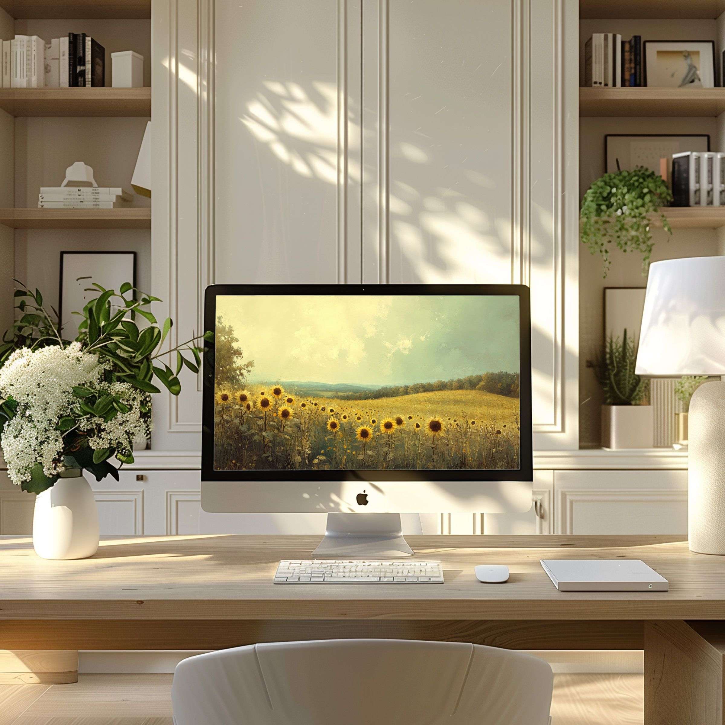 Elegant sunflower wallpaper for computer, perfect for PC and laptop, inspiring calm in a modern, minimalist home office setup