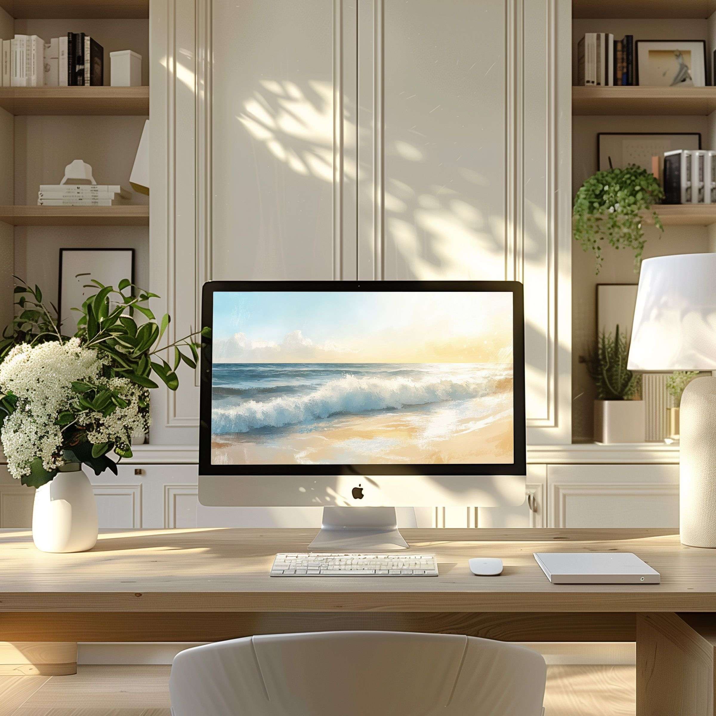 Elegant ocean-inspired wallpaper for computer enhances calm in a modern home office suitable for PC or laptop digital download