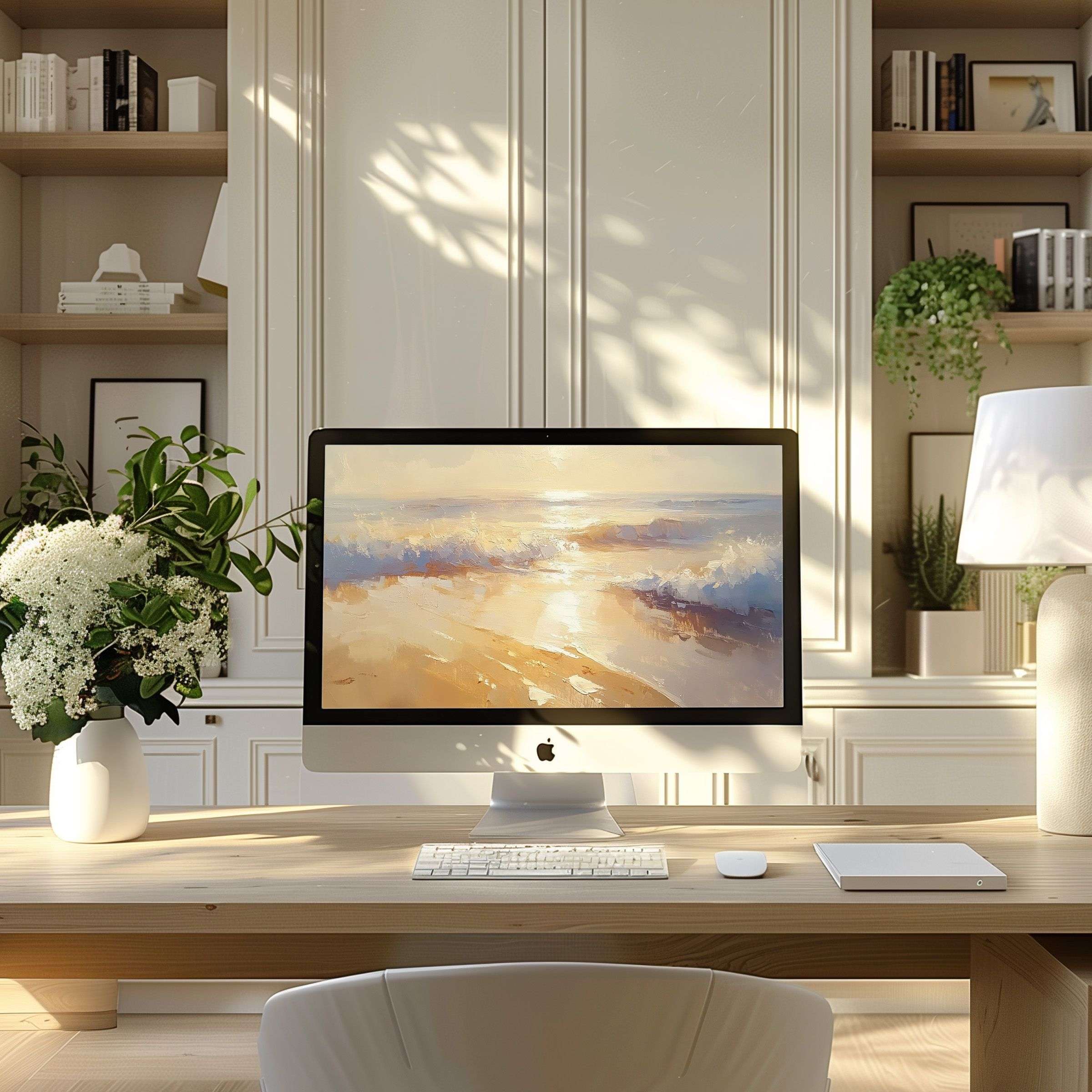 Elegant beach scene digital wallpaper for computer, PC, and laptop inspires calm in a modern home office with serene aesthetics
