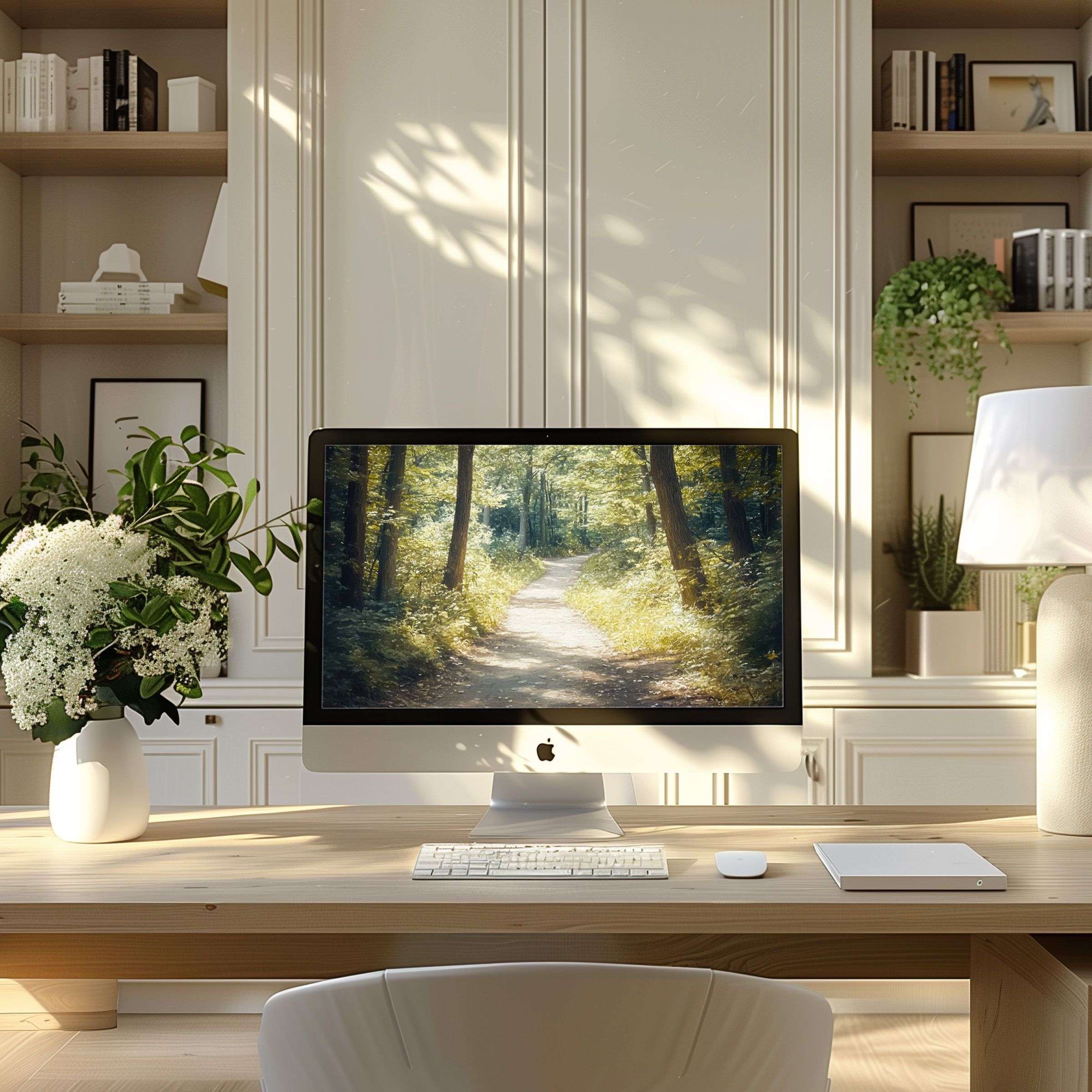 Inspiring serene forest path digital art as wallpaper for computer blends elegance into a modern home office for PC and Laptop use