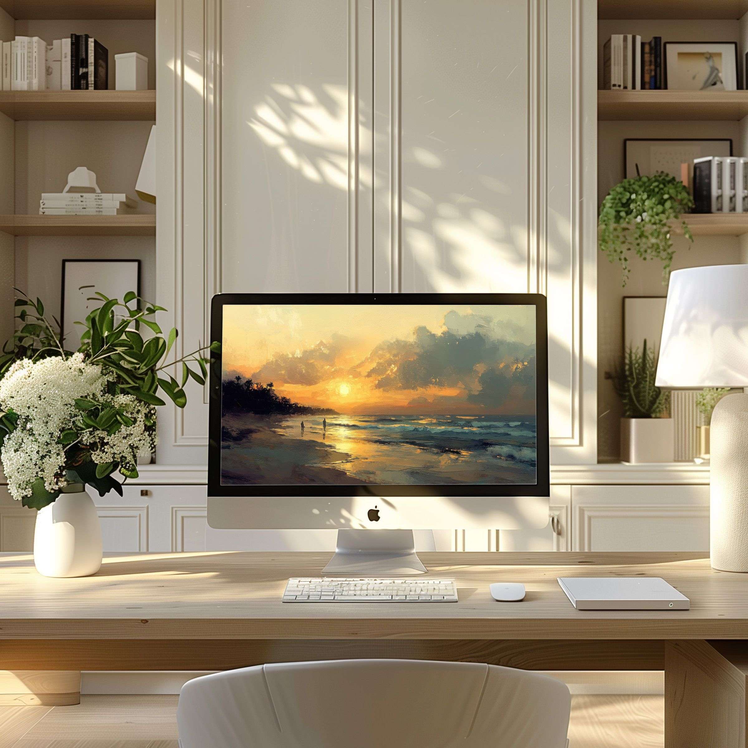 Calming sunset seascape artwork as elegant wallpaper for computer enhances a modern home office with PC or laptop setup