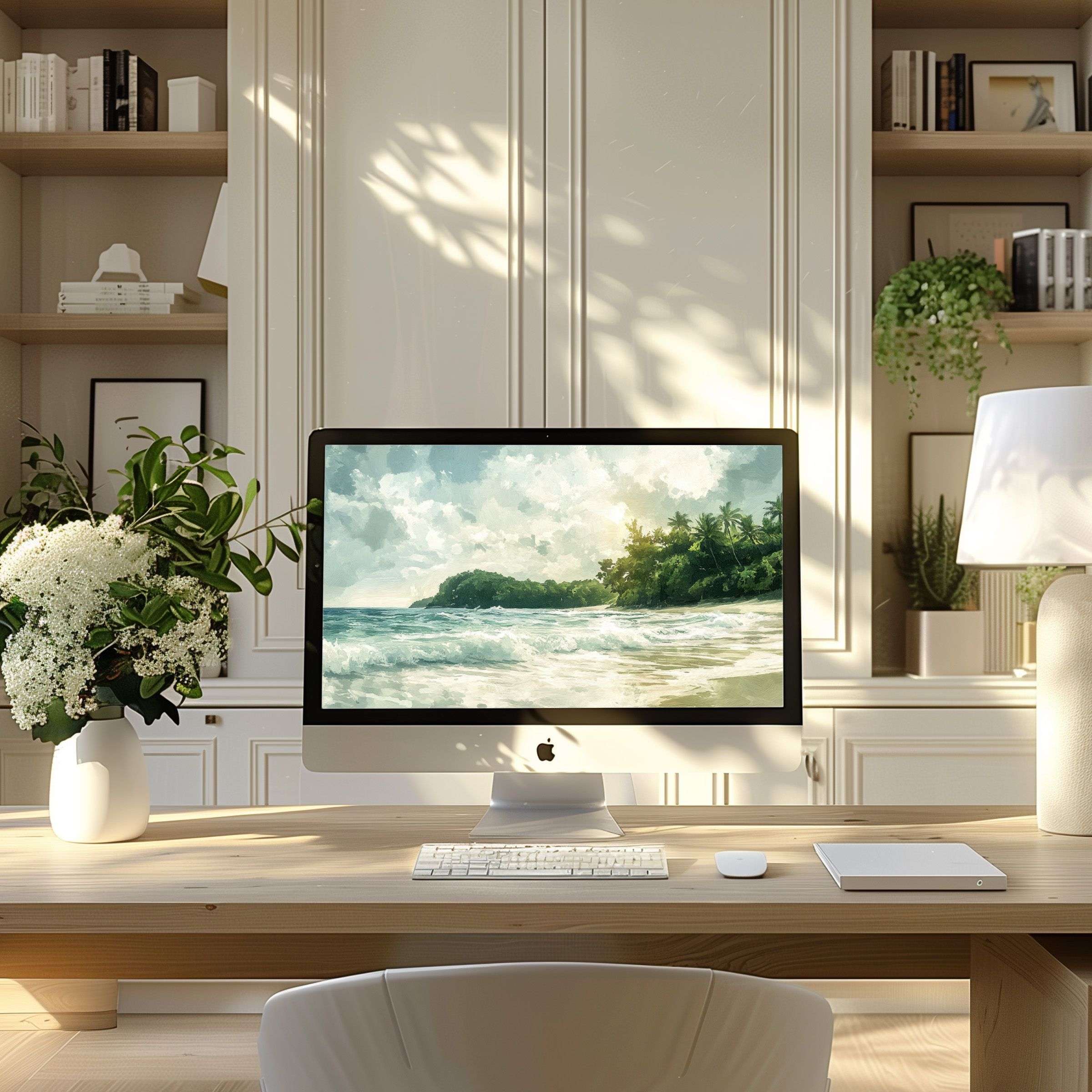 Elegant beach scene wallpaper for computer adds calm inspiration to modern home office, ideal for PC and Laptop displays