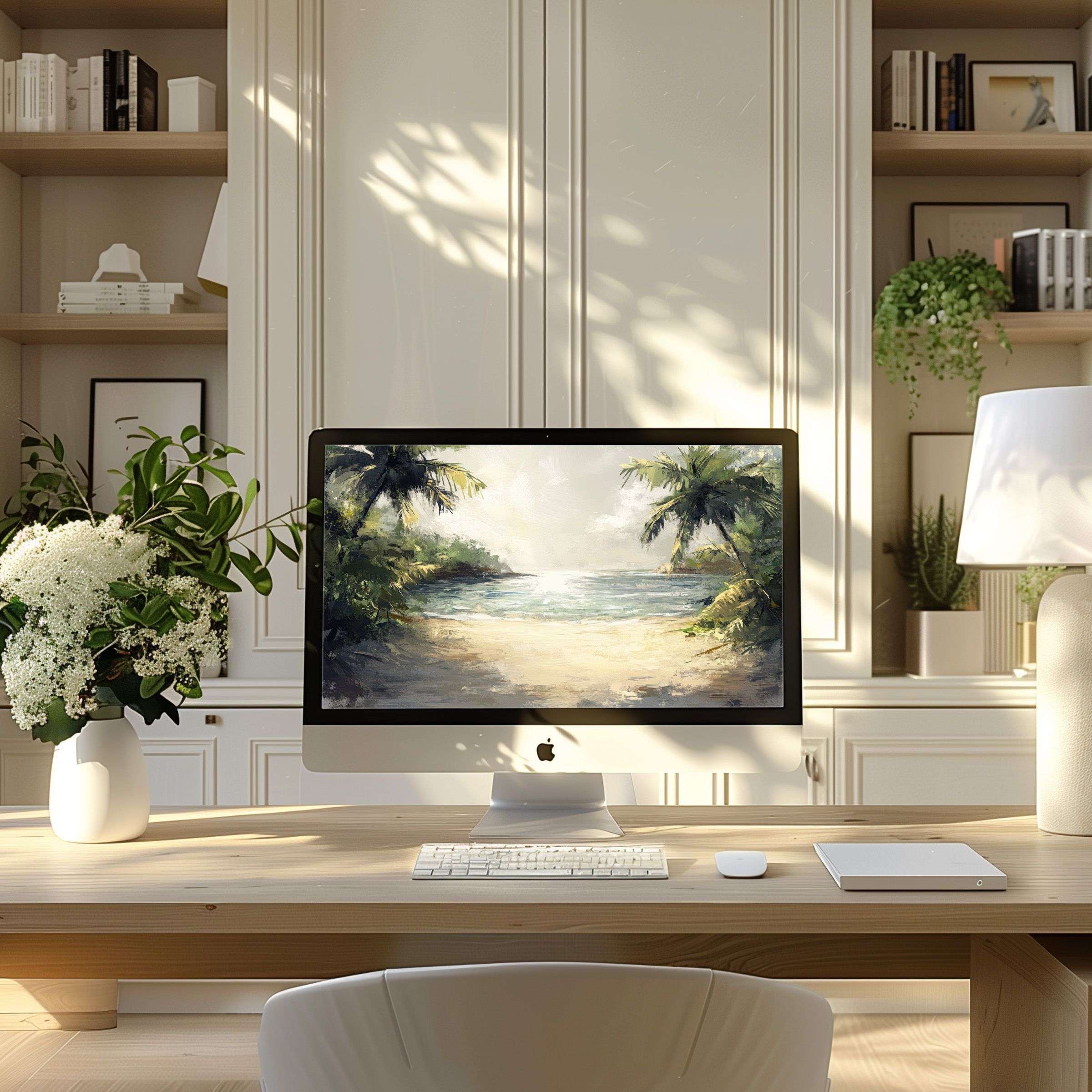 Elegant beach-themed wallpaper for computer brings calm to modern home office, perfect for PC or laptop digital download