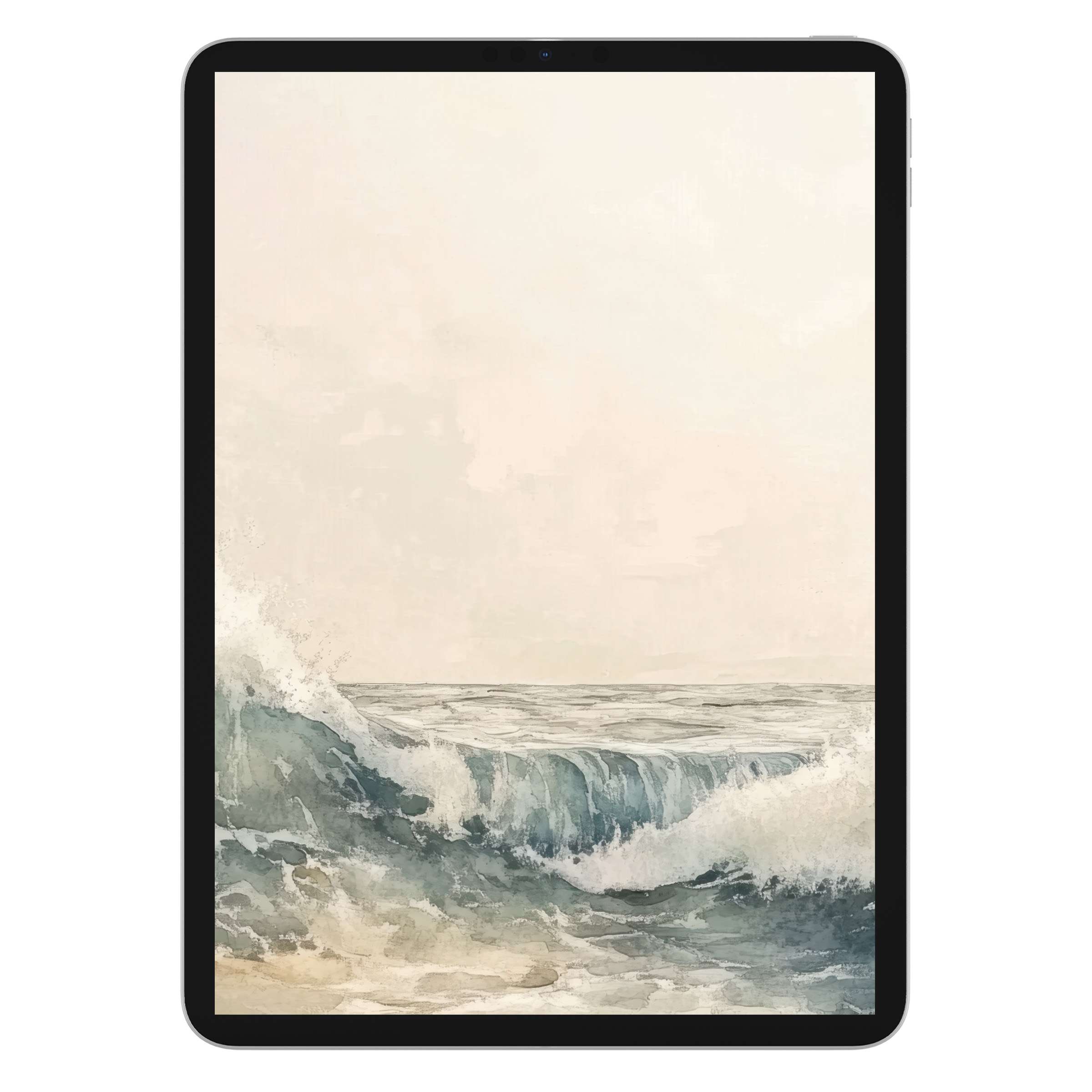 Summer iPad wallpaper featuring serene watercolor waves on a soft pastel background, perfect digital download for tablet tranquility