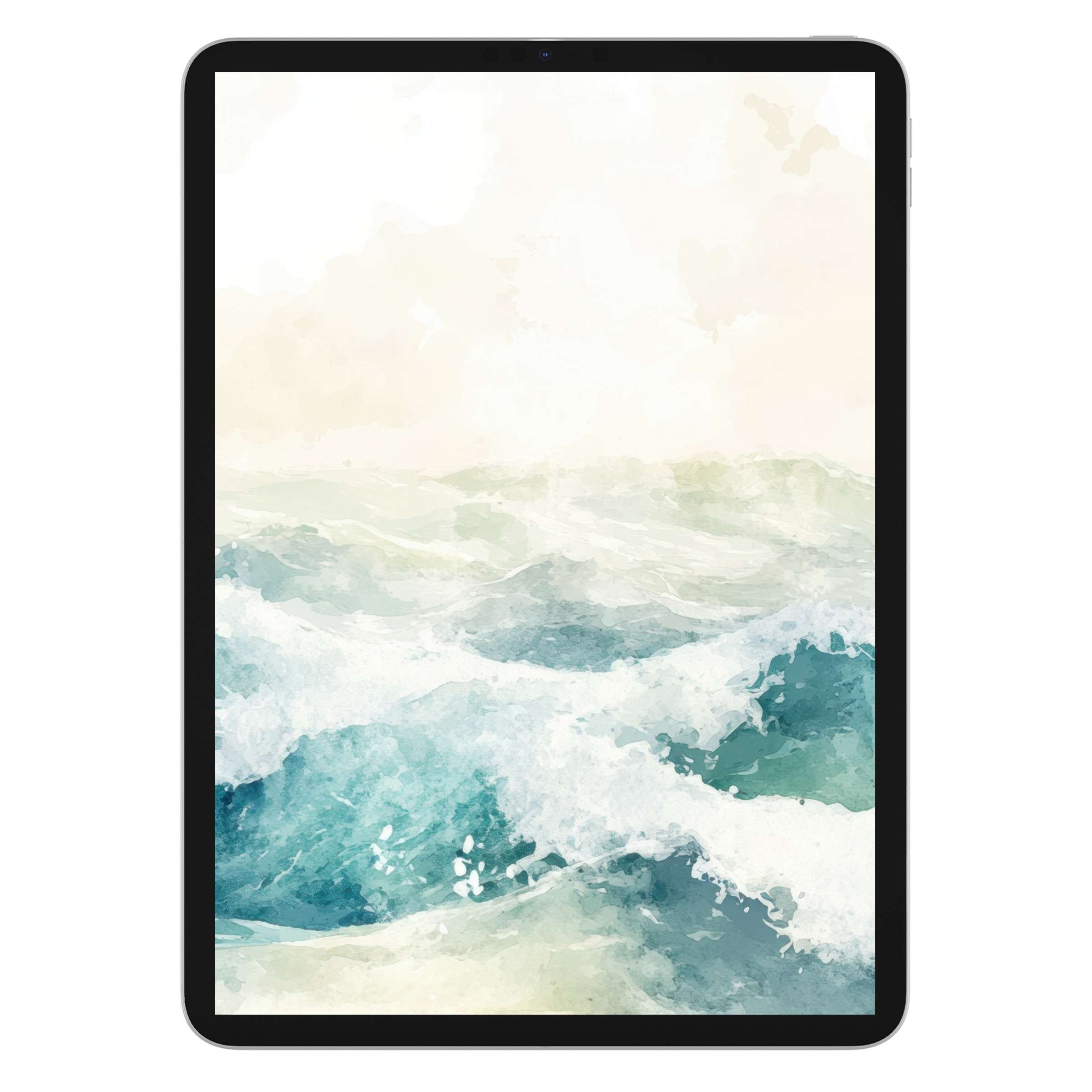 Calming watercolor ocean waves create a serene summer iPad wallpaper, perfect for tablet backgrounds and digital download art