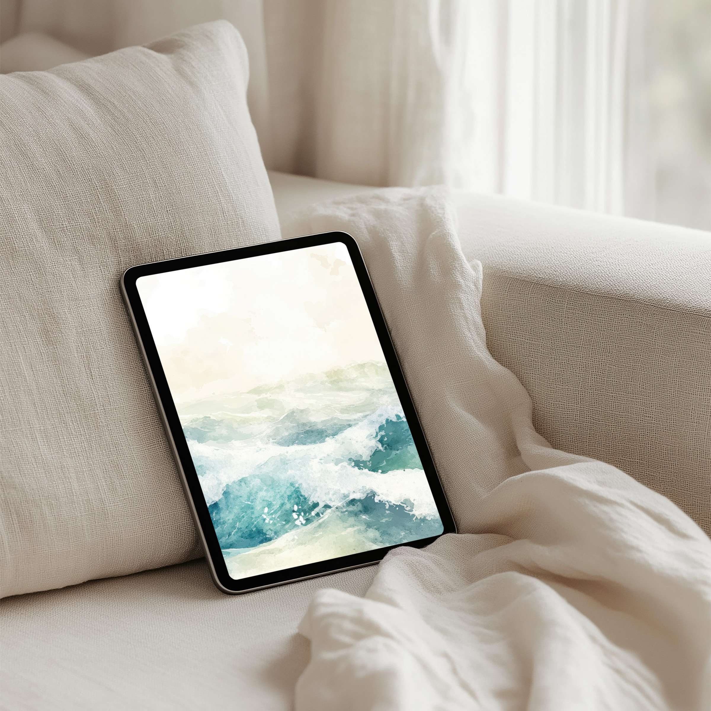 Elegant watercolor waves iPad background for instant download offers calm and inspiration on any tablet in serene interiors