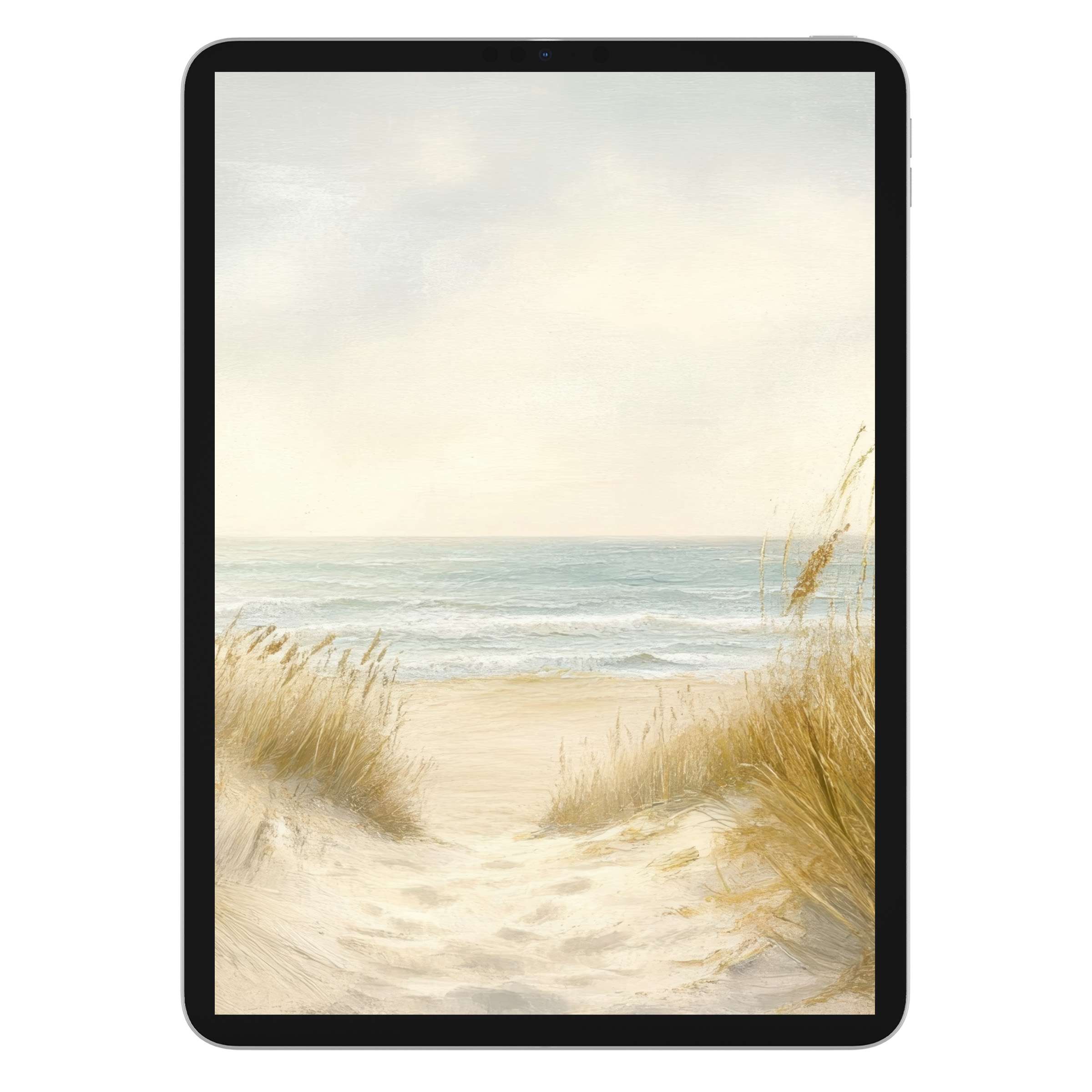 Tranquil beach scene in soft hues, perfect summer iPad wallpaper, digital download for serene tablet background elegance
