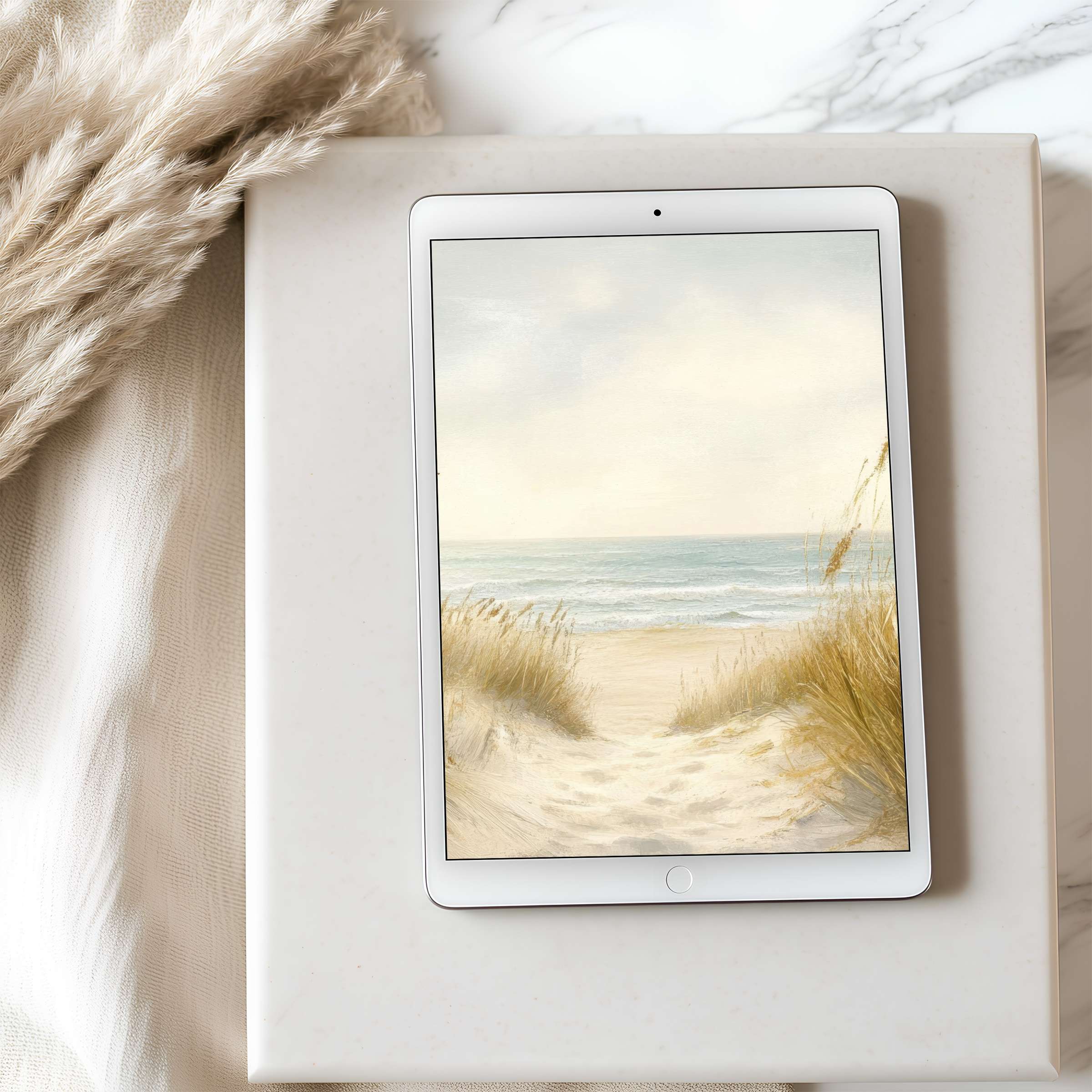 Serene beach scene tablet wallpaper in calming pastels offers high resolution elegance, ideal for iPad and Android tablets, digital download
