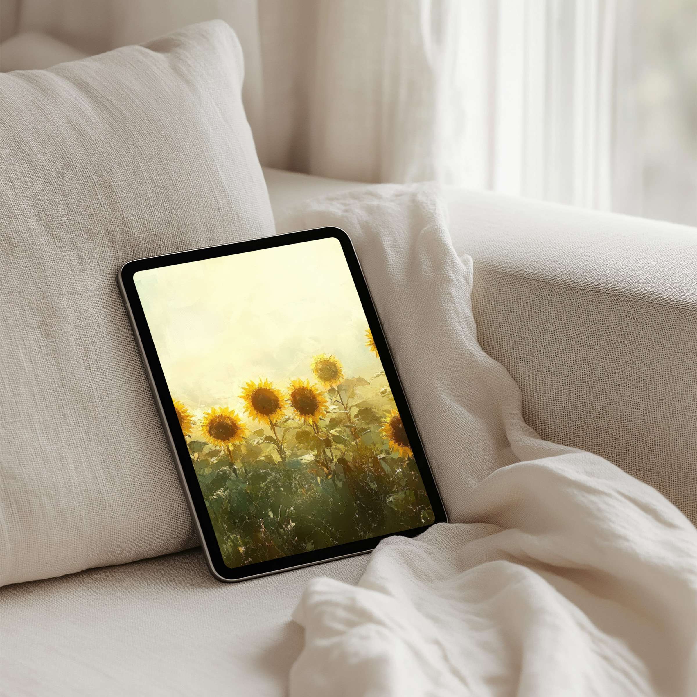 Elegant iPad background featuring sunflowers in warm hues offers calmness and inspiration for any tablet instant download available