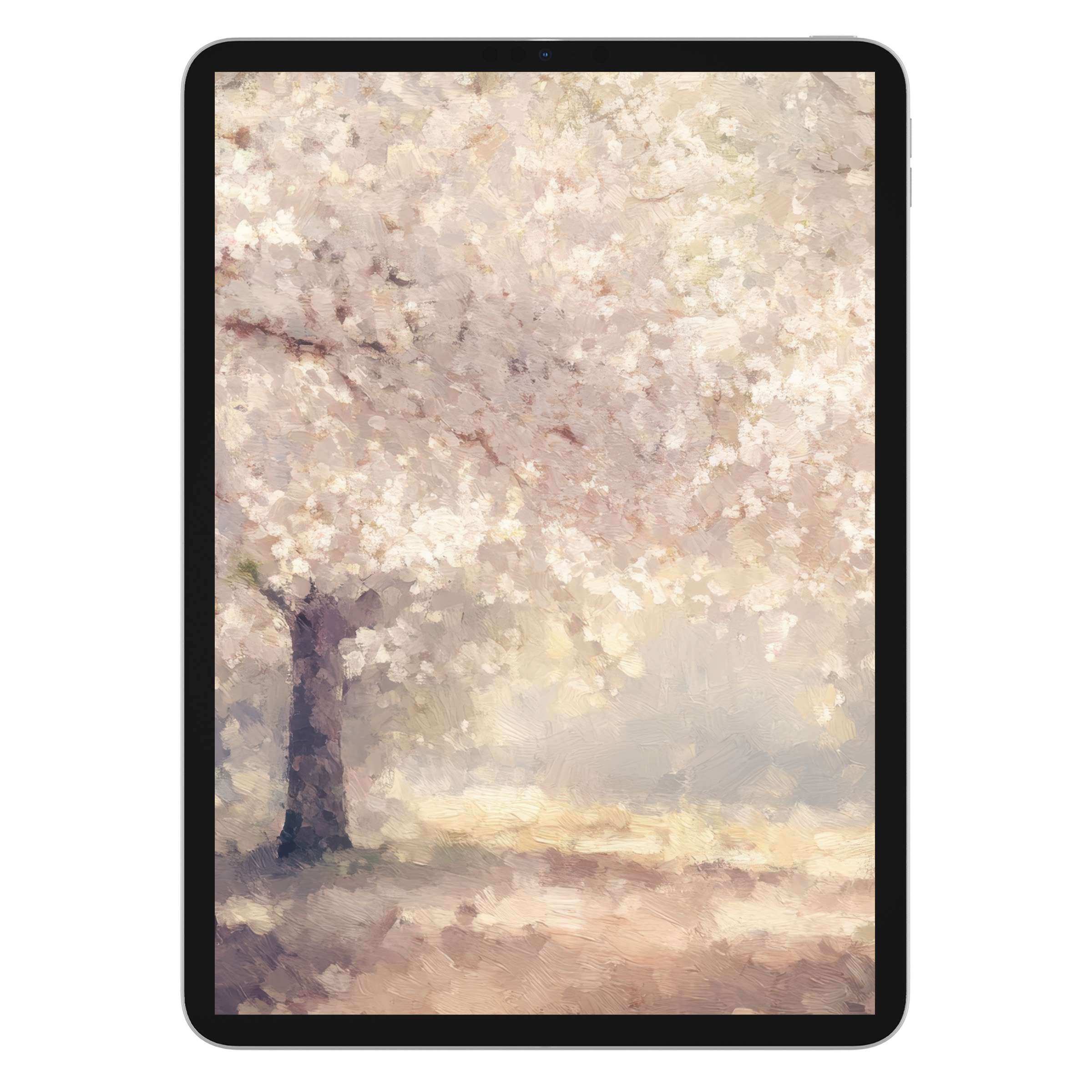 Delicate impressionist summer iPad wallpaper featuring cherry blossoms, ideal digital download for serene tablet backgrounds and calm ambiance