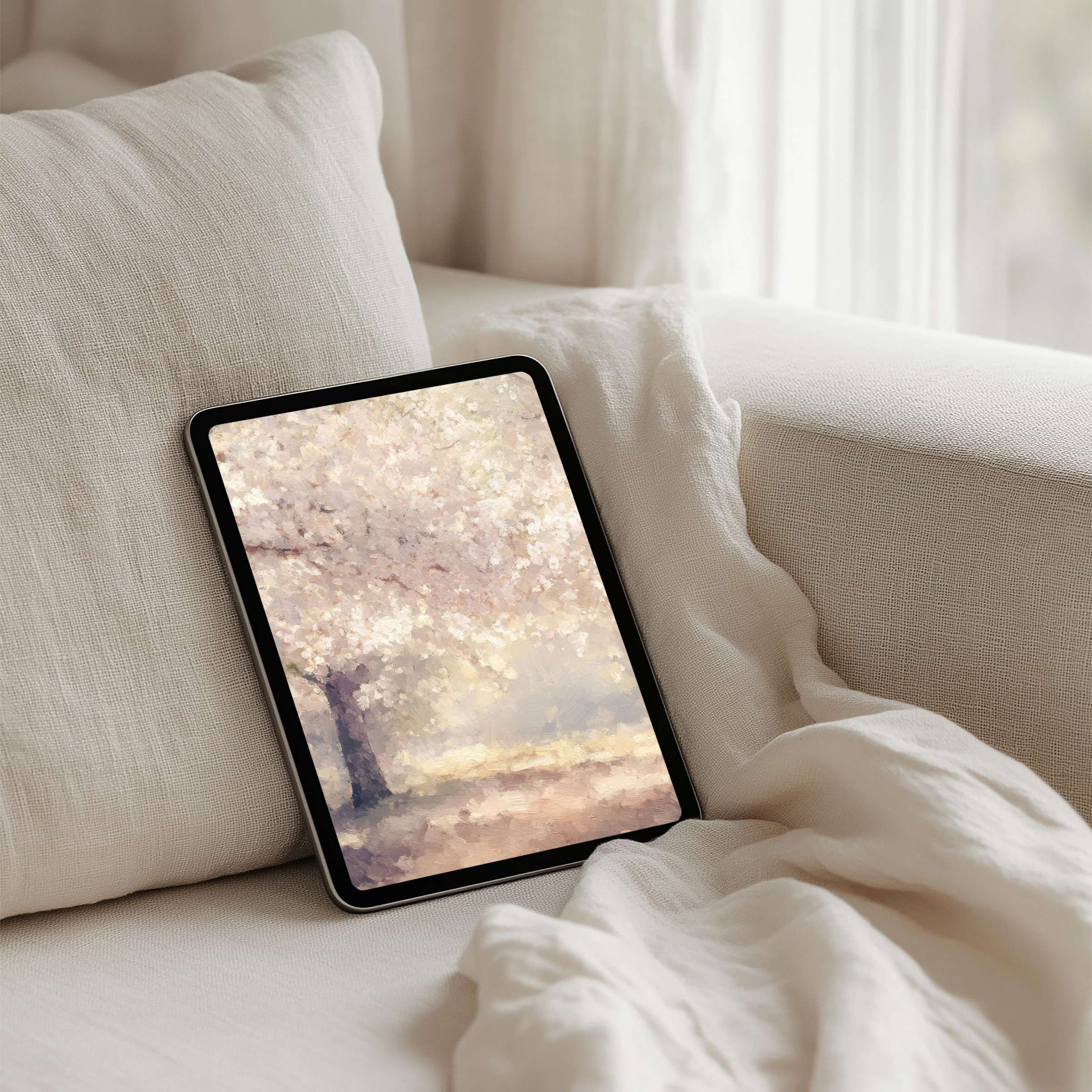 Elegant iPad background with pastel tree art for instant download brings calm and inspiration, perfect for any tablet user