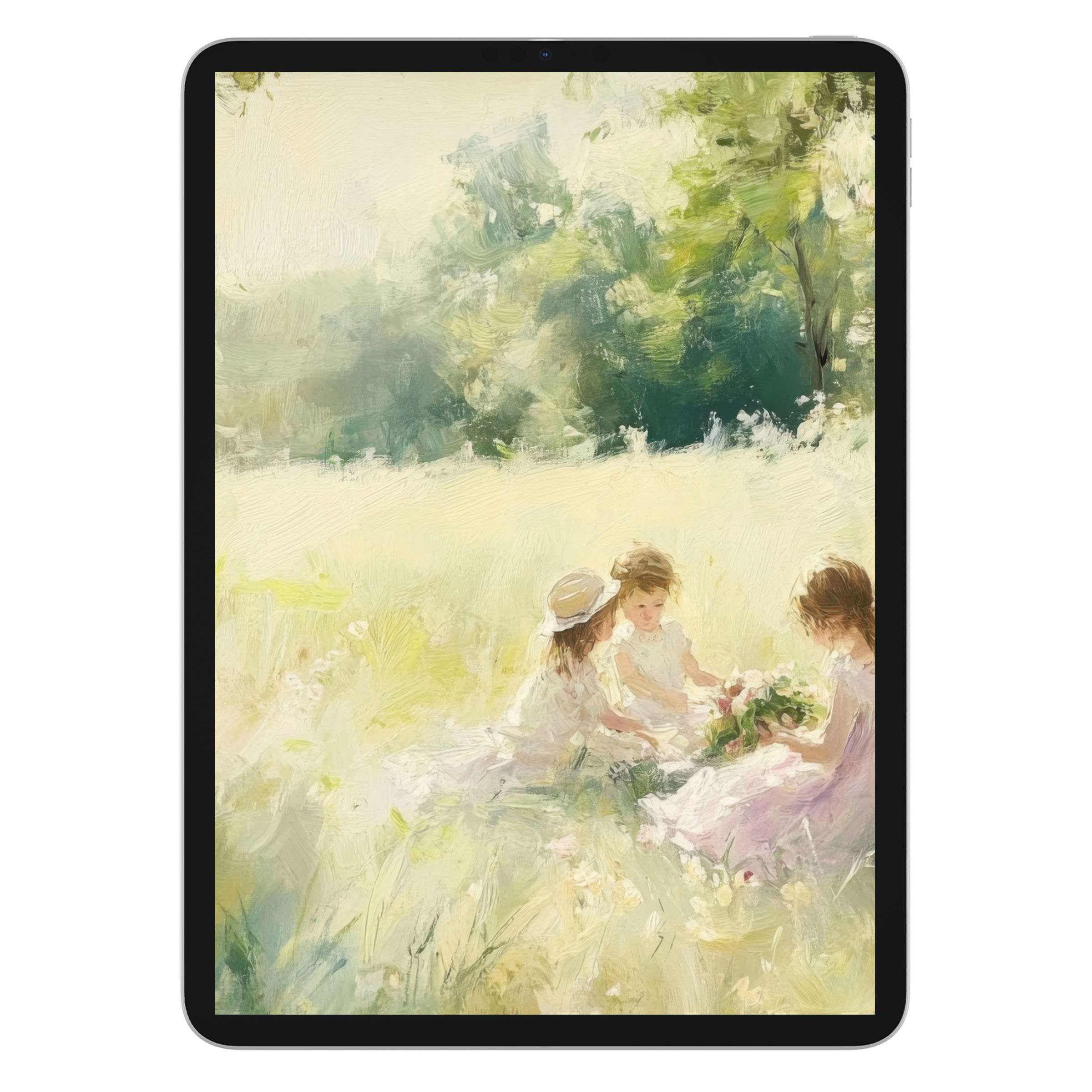 Summer iPad wallpaper featuring an elegant impressionistic scene of children in a sunlit field perfect for tablet backgrounds digital download