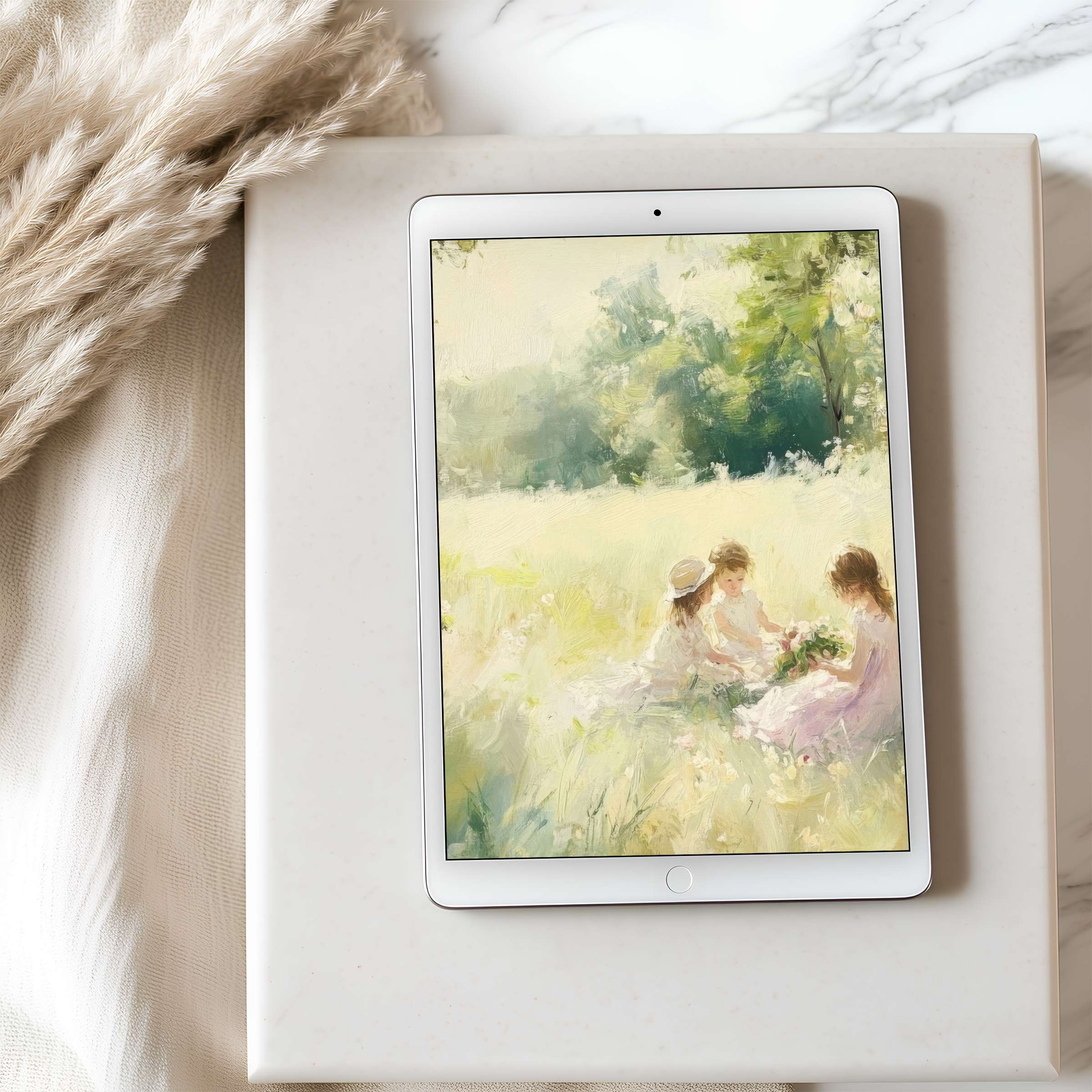 Elegant tablet wallpaper featuring a serene, impressionistic nature scene with children in soft pastels, perfect high-resolution digital download for iPad