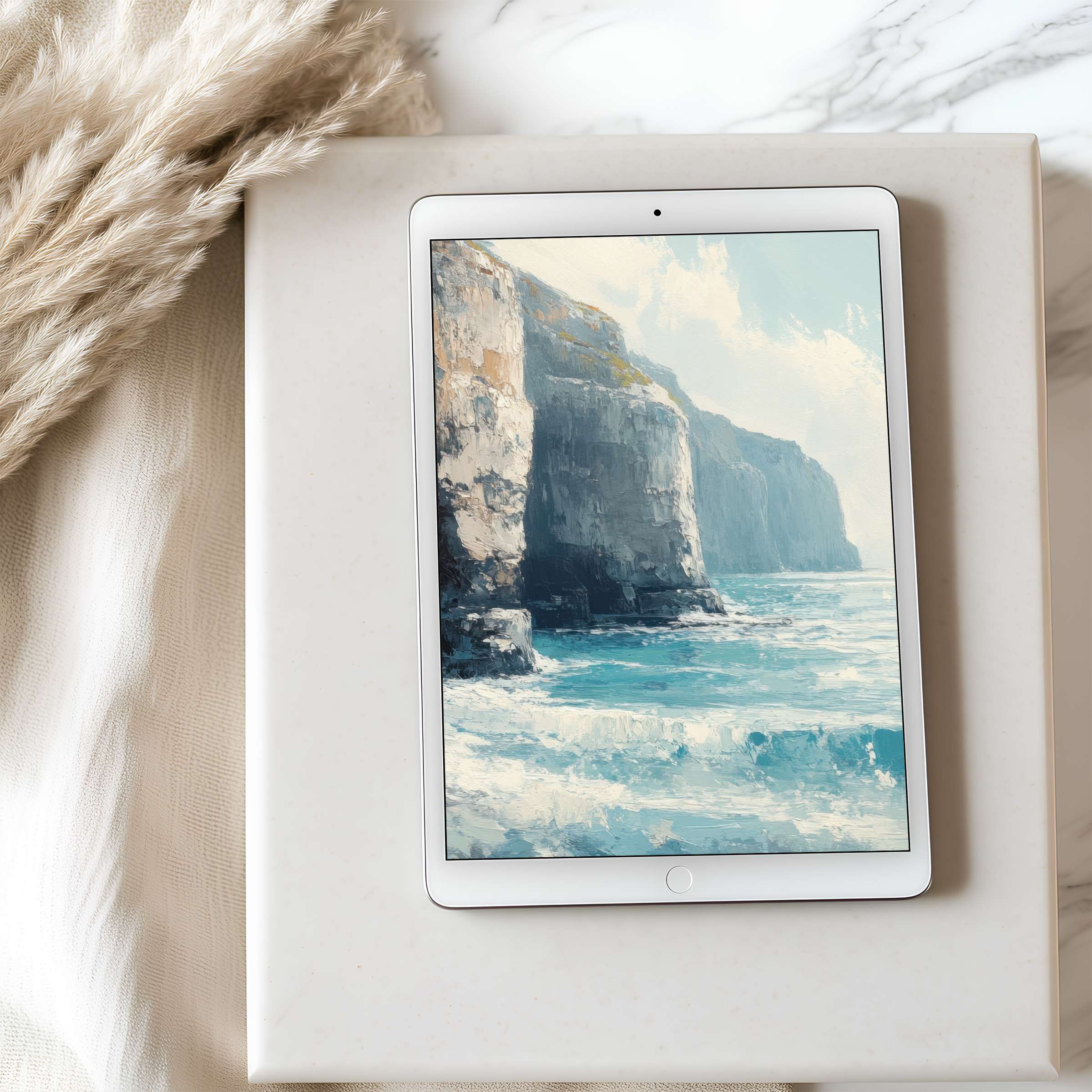 Serene coastal painting as tablet wallpaper brings calm to your space suitable for iPad or Android high-resolution display download