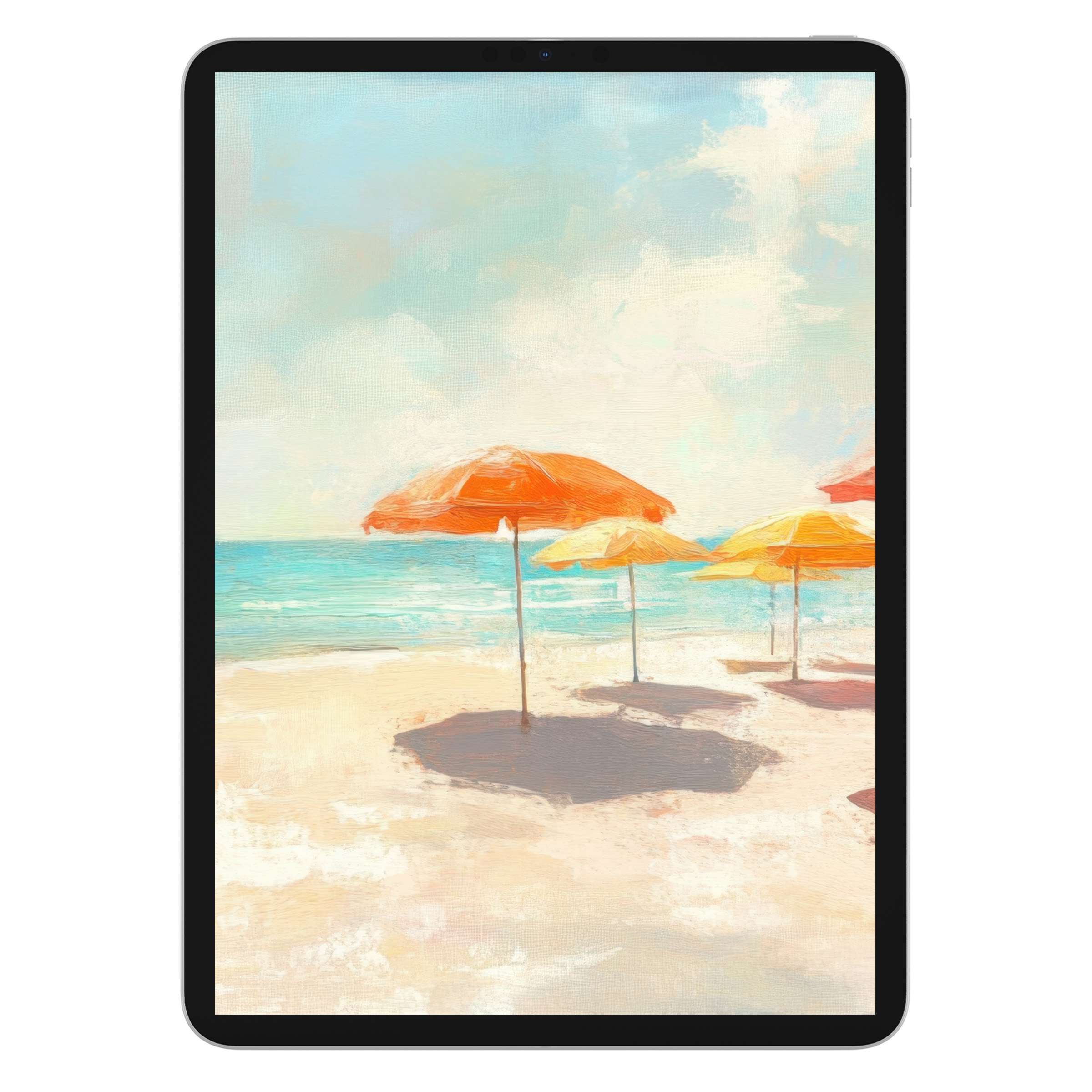 Elegant summer iPad wallpaper with serene beach scene, vivid umbrellas, perfect tablet background for a soothing digital download