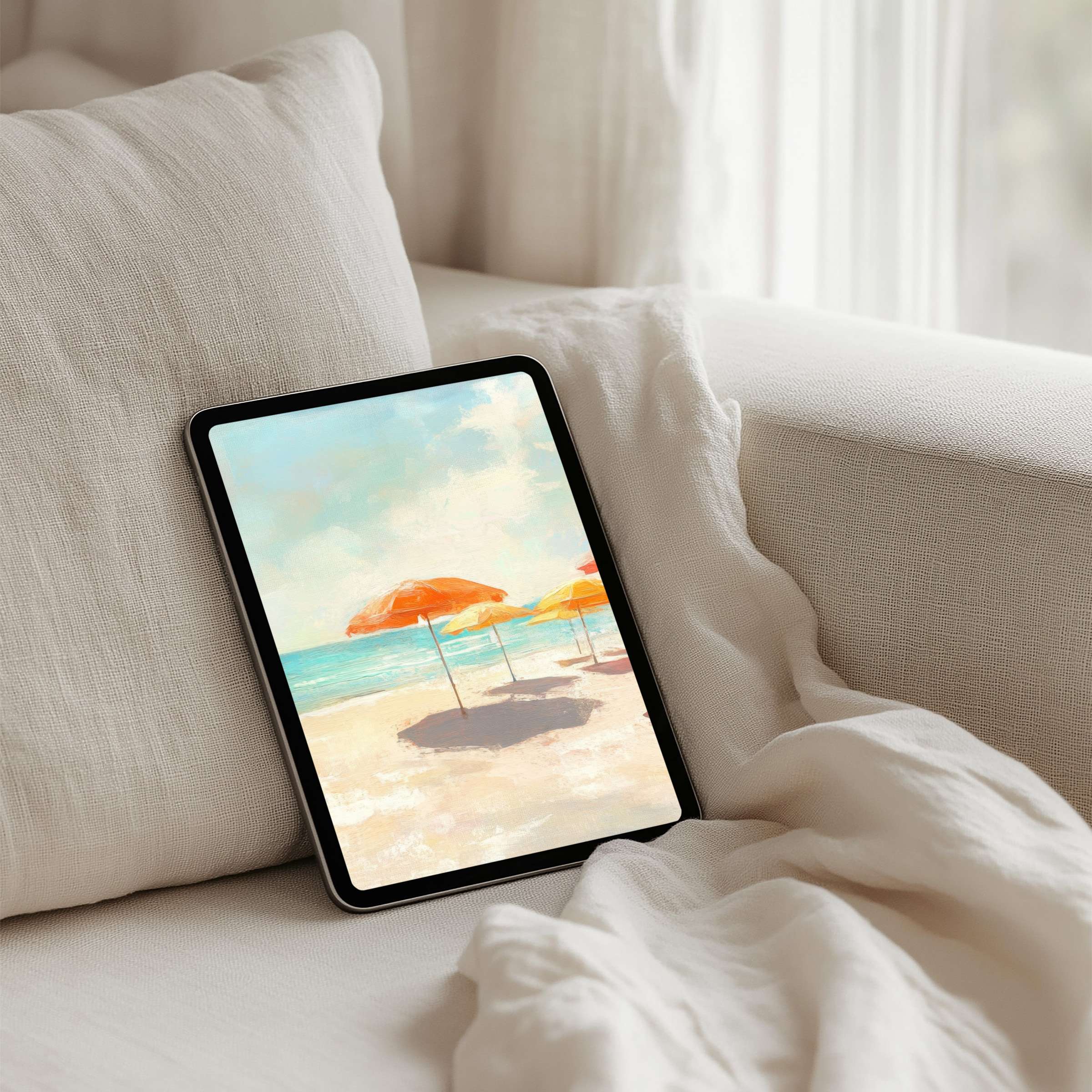 Elegant iPad background featuring beach umbrellas under a tranquil sky for instant download fits any tablet inspiring calm vibes