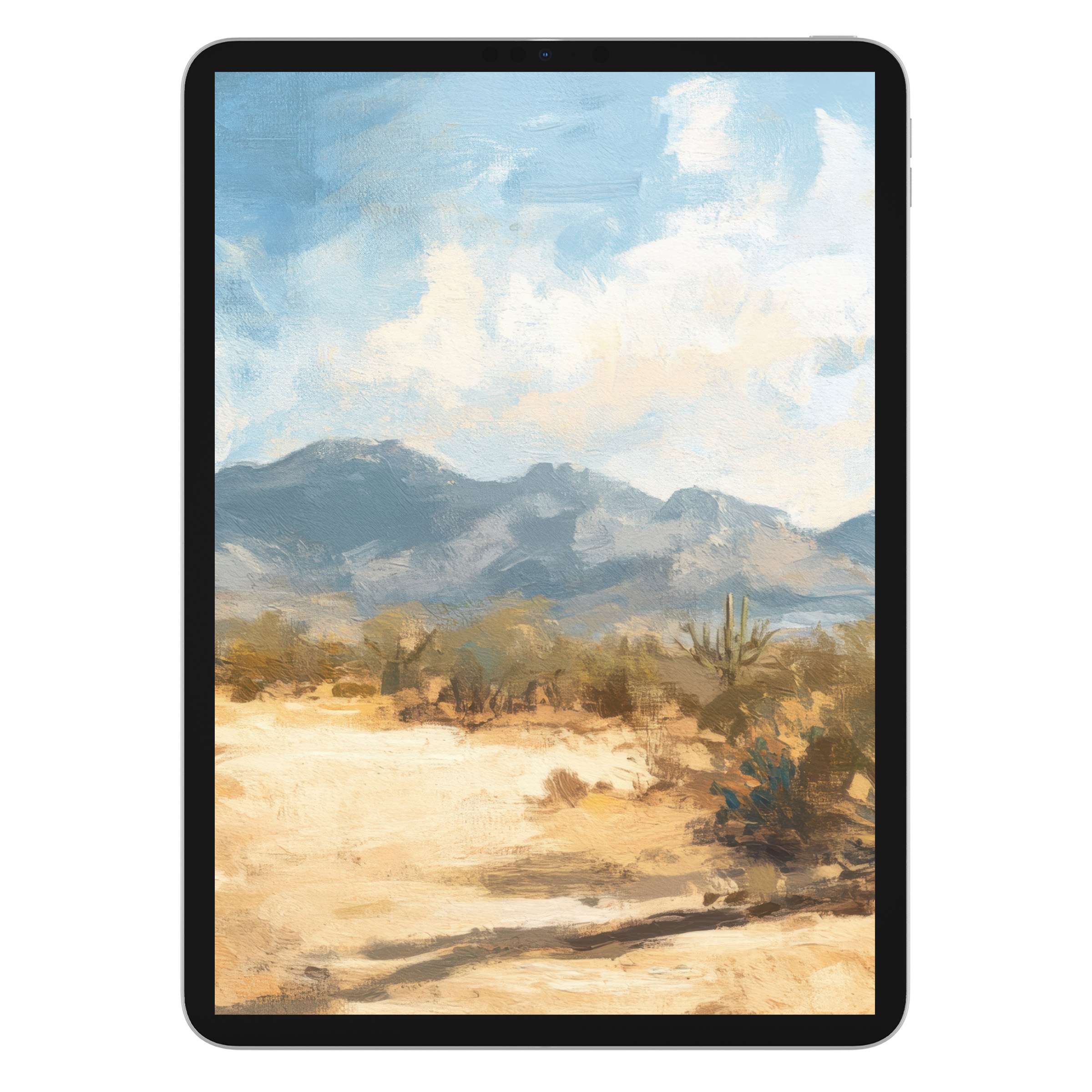 Elegant summer iPad wallpaper featuring a serene desert landscape with mountains and clouds, perfect digital download for tablet background