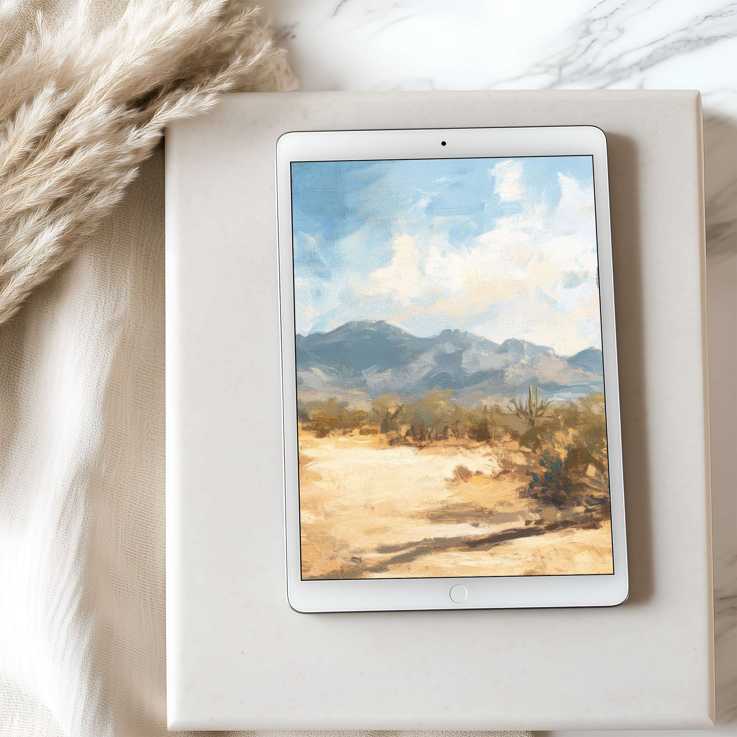 Serene desert landscape tablet wallpaper enhances iPad's elegance with calming tones perfect for high resolution digital download