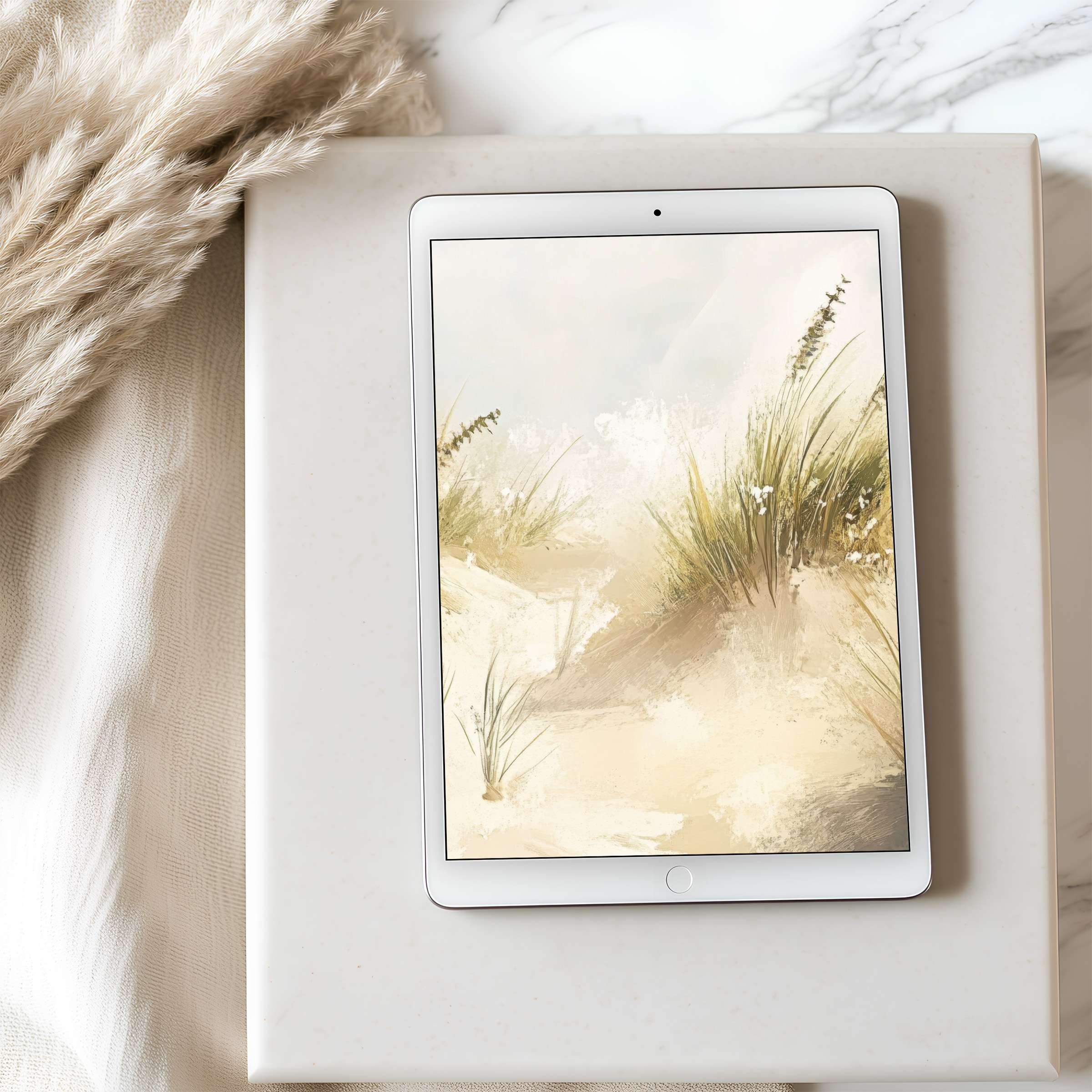 Serene tablet wallpaper showcasing soft beige dunes and delicate grasses, perfect for high resolution iPad or Android digital download