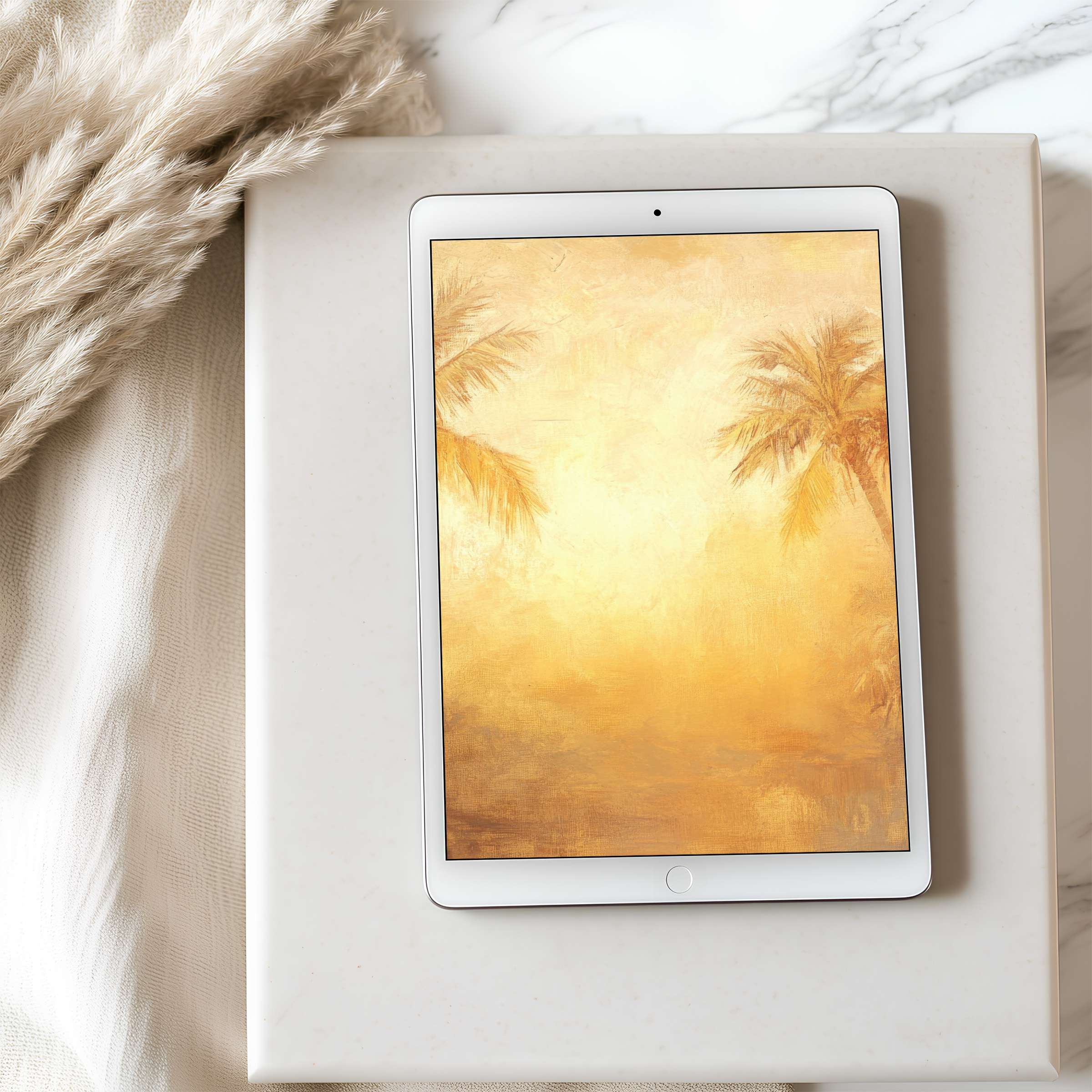 Elegant tablet wallpaper featuring serene palm trees in warm shades, ideal for high resolution digital download on iPad or Android