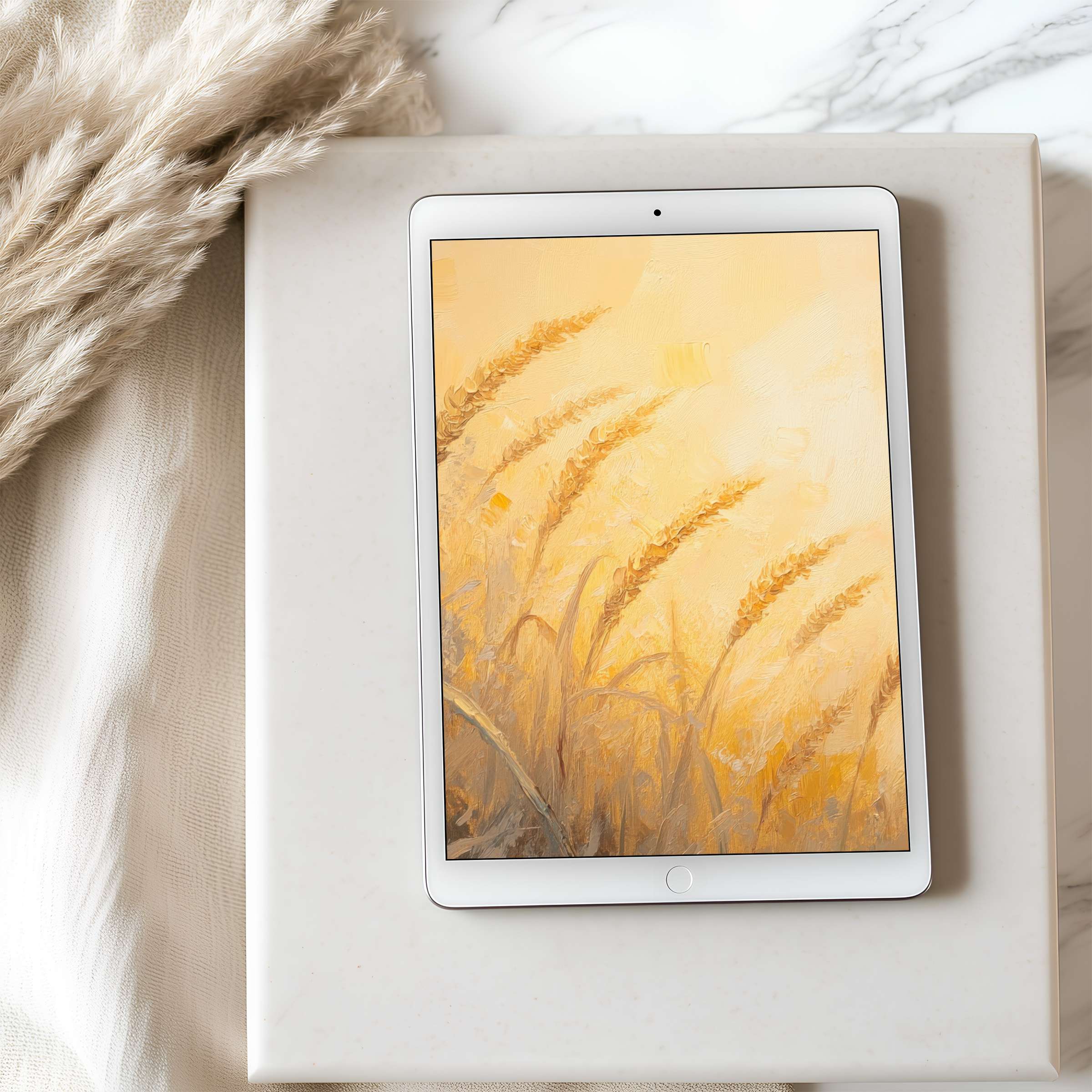 Elegant wheat field painting on tablet wallpaper in high resolution, adding warmth and tranquility to your iPad or Android device