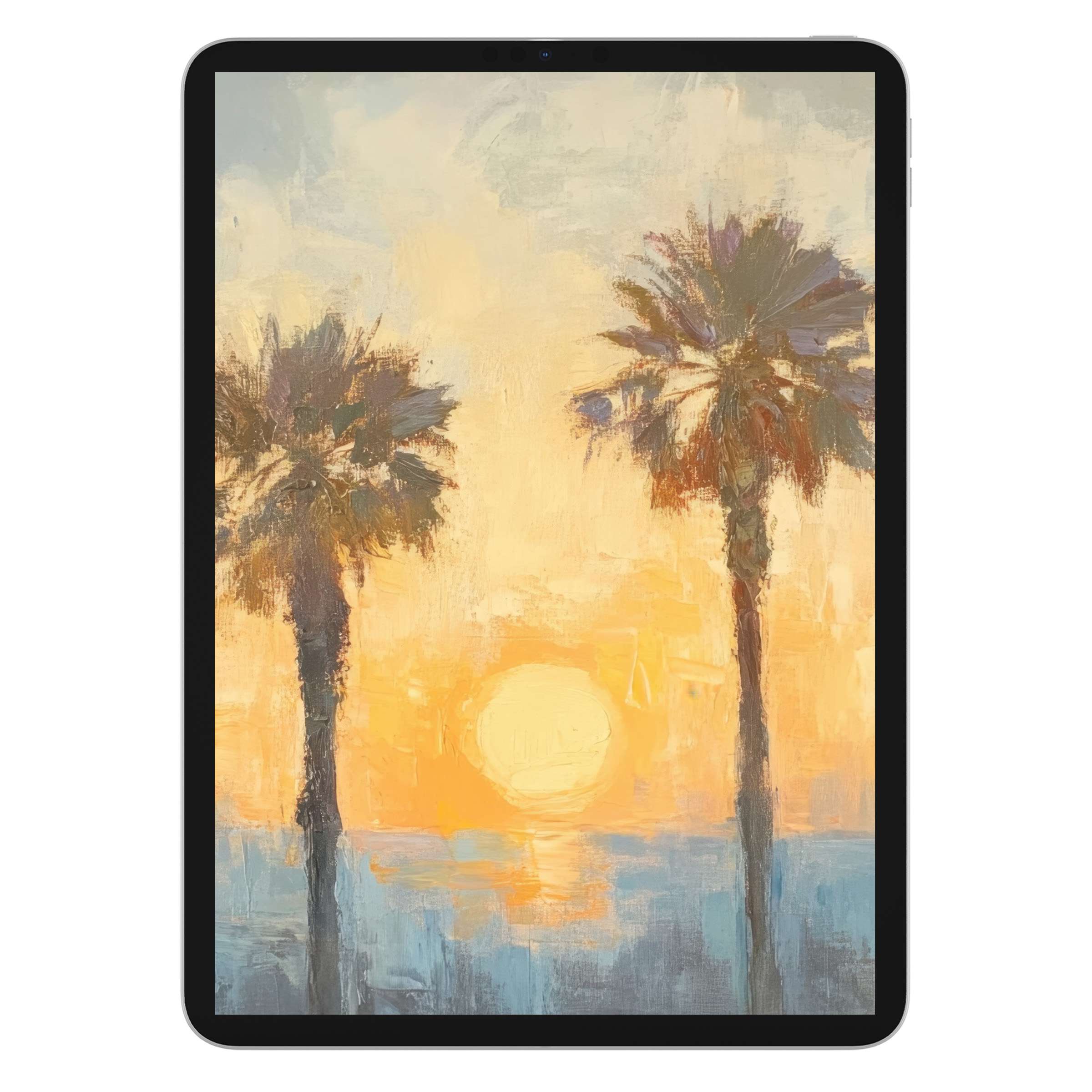 Summer iPad wallpaper features serene palm trees against a warm sunset, perfect digital download for elegant tablet backgrounds