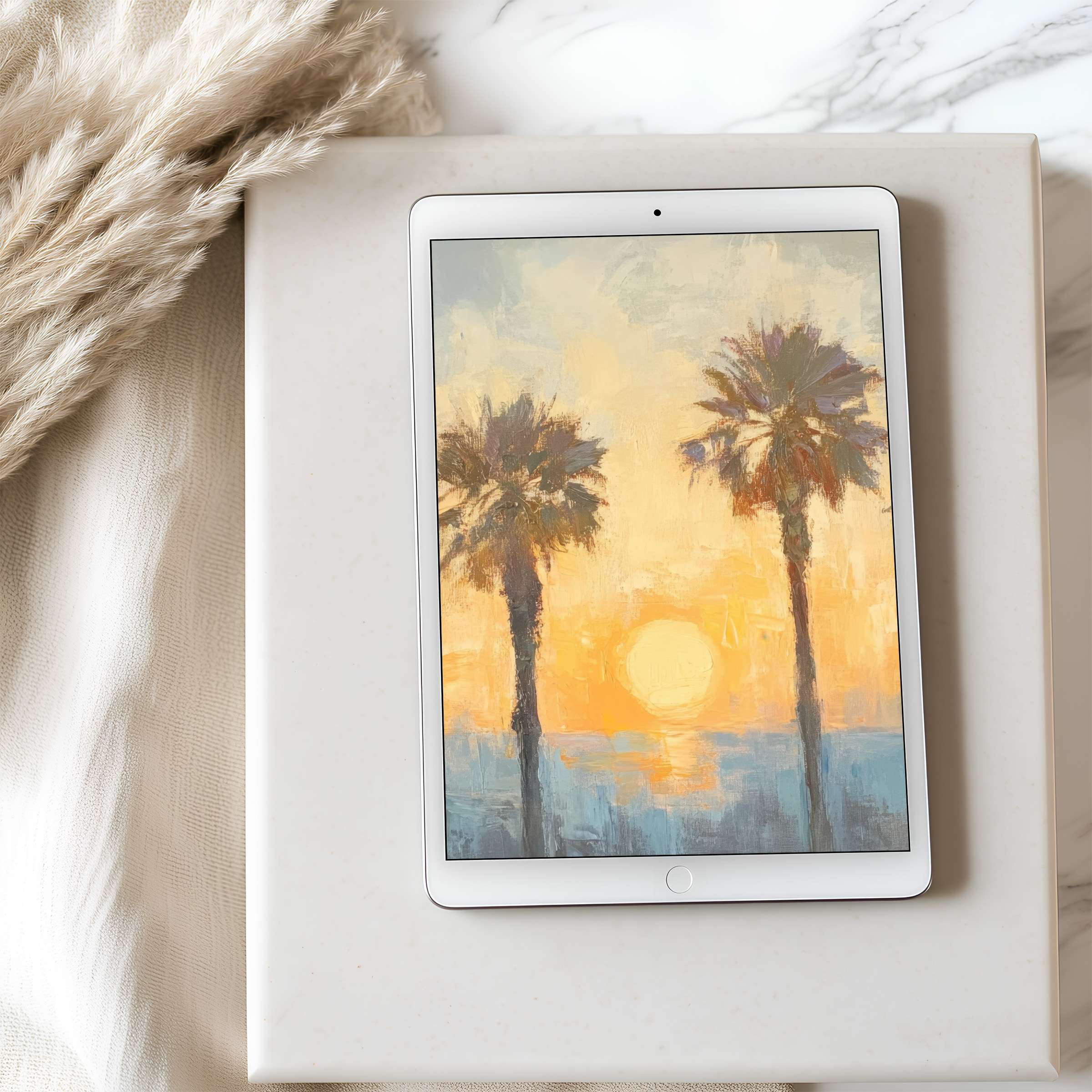 Calming sunset over palm trees tablet wallpaper, perfect for iPad in high resolution, offers seamless digital download for elegant interiors